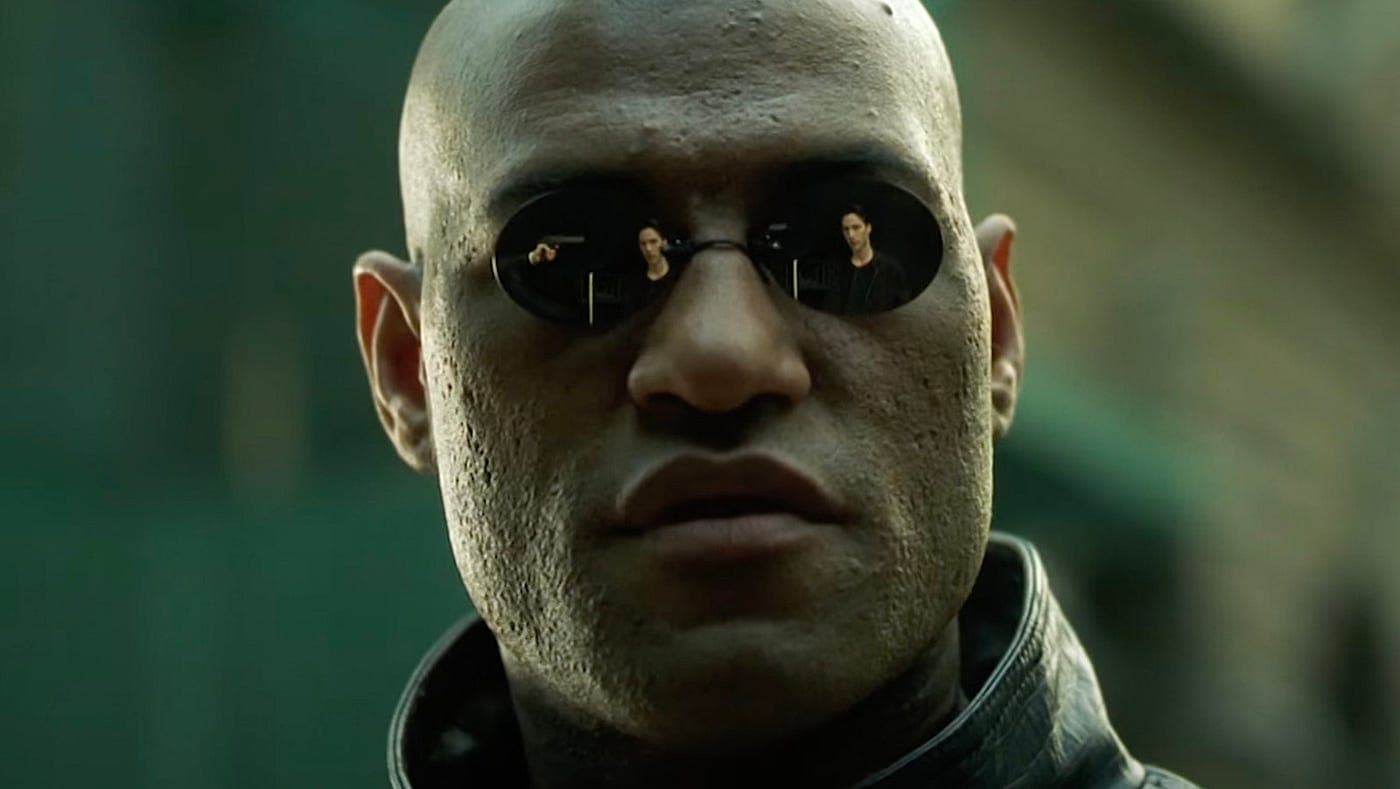 Morpheus wearing mirrored sunglasses