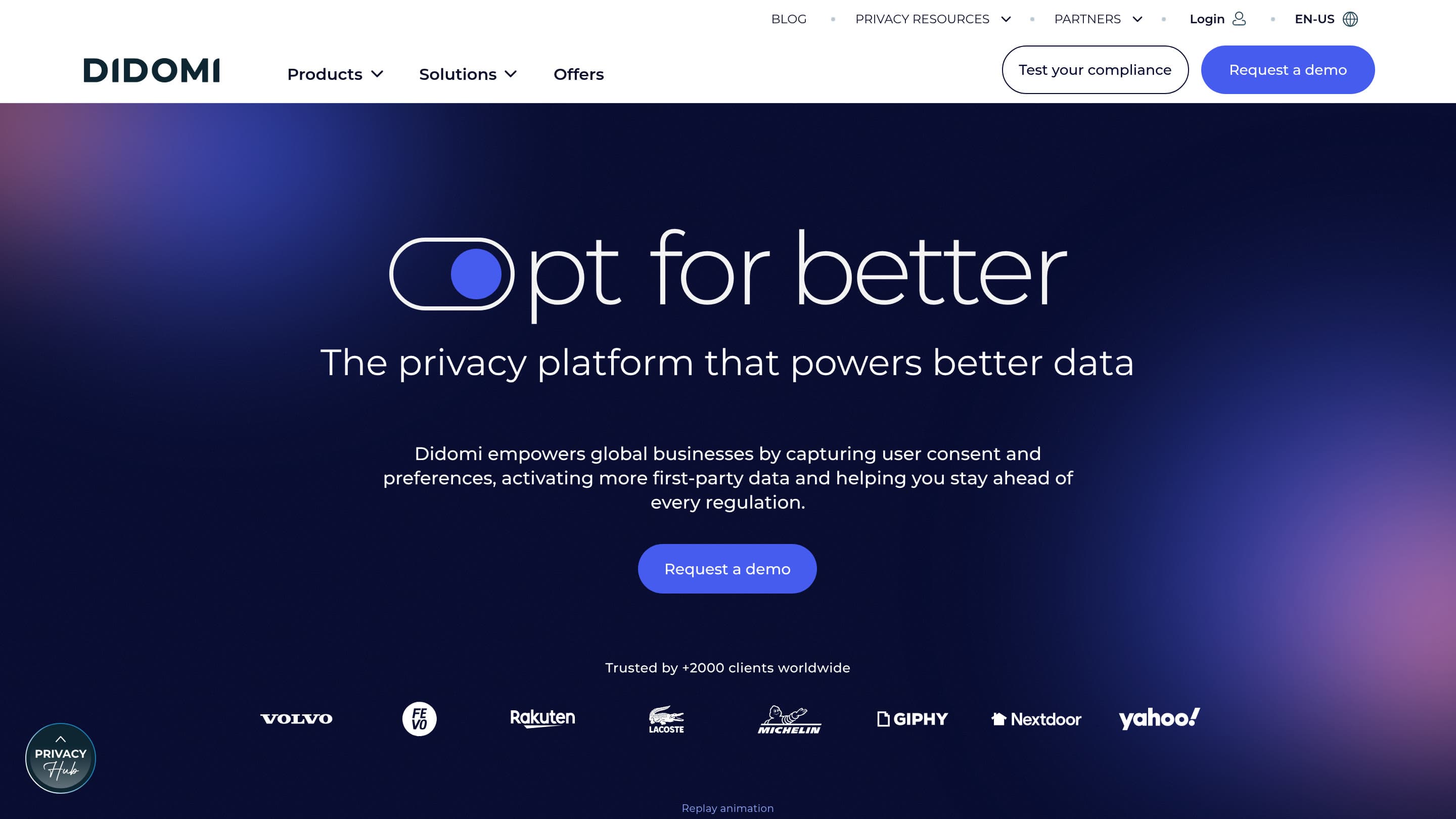 Didomi homepage: Opt for better — the privacy platform that powers better data, with client logos including Volvo, Rakuten, Lacoste, Michelin, Giphy, Nextdoor and Yahoo