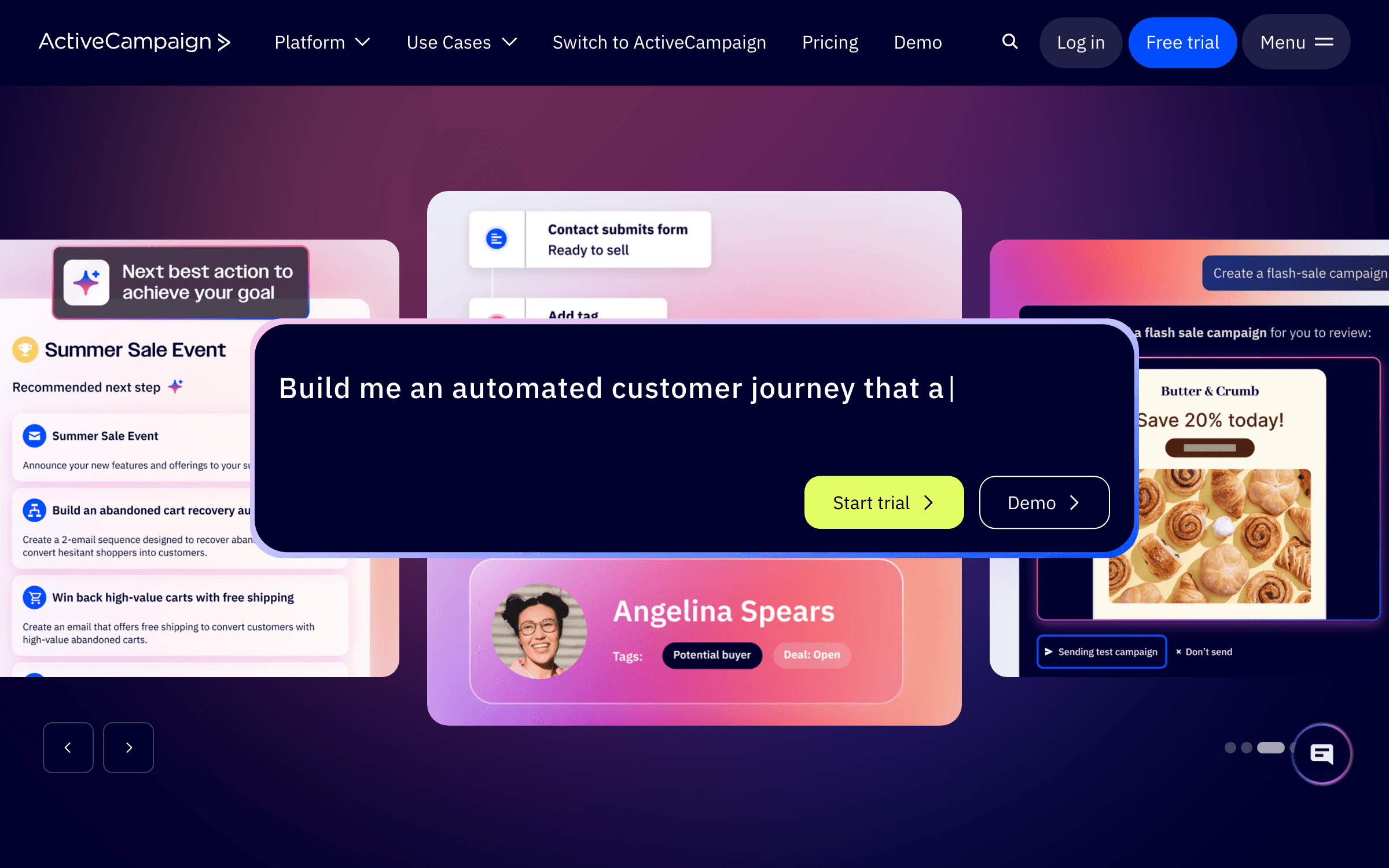 ActiveCampaign interface showing marketing automation features for startups