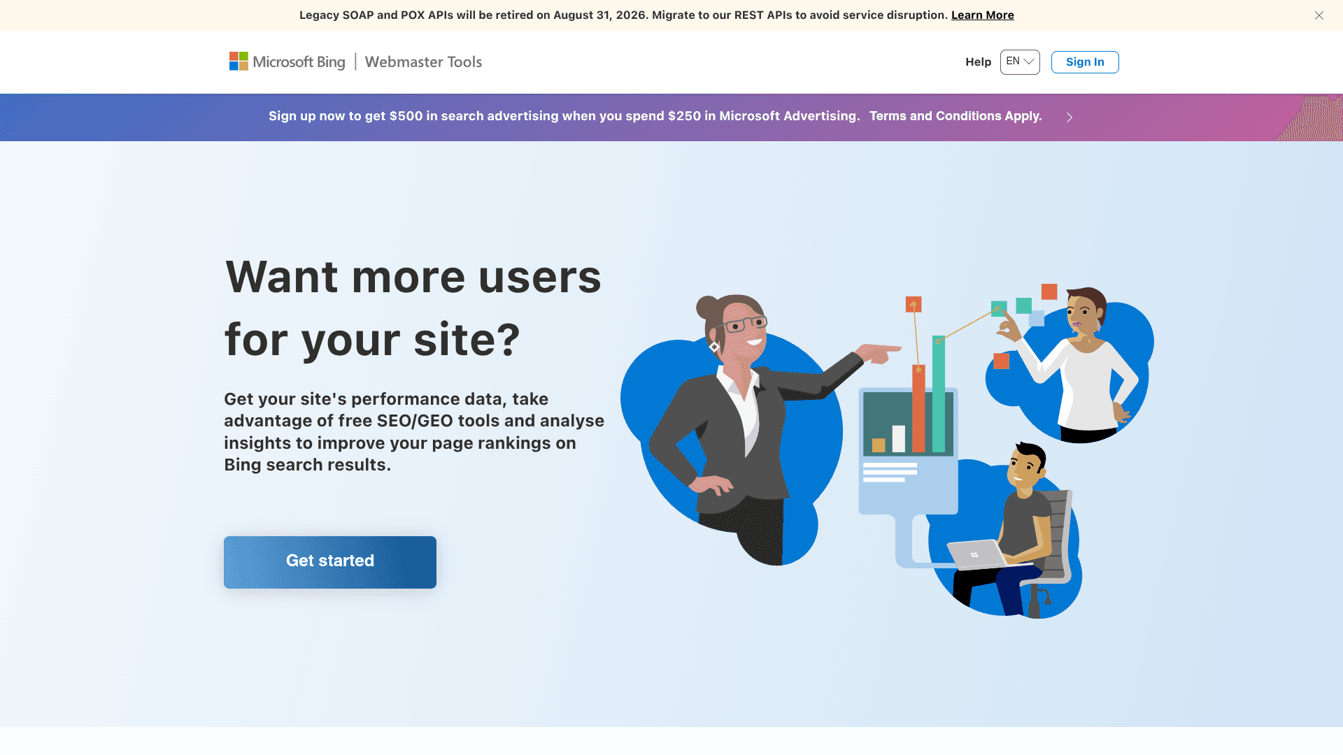 Bing Webmaster Tools homepage