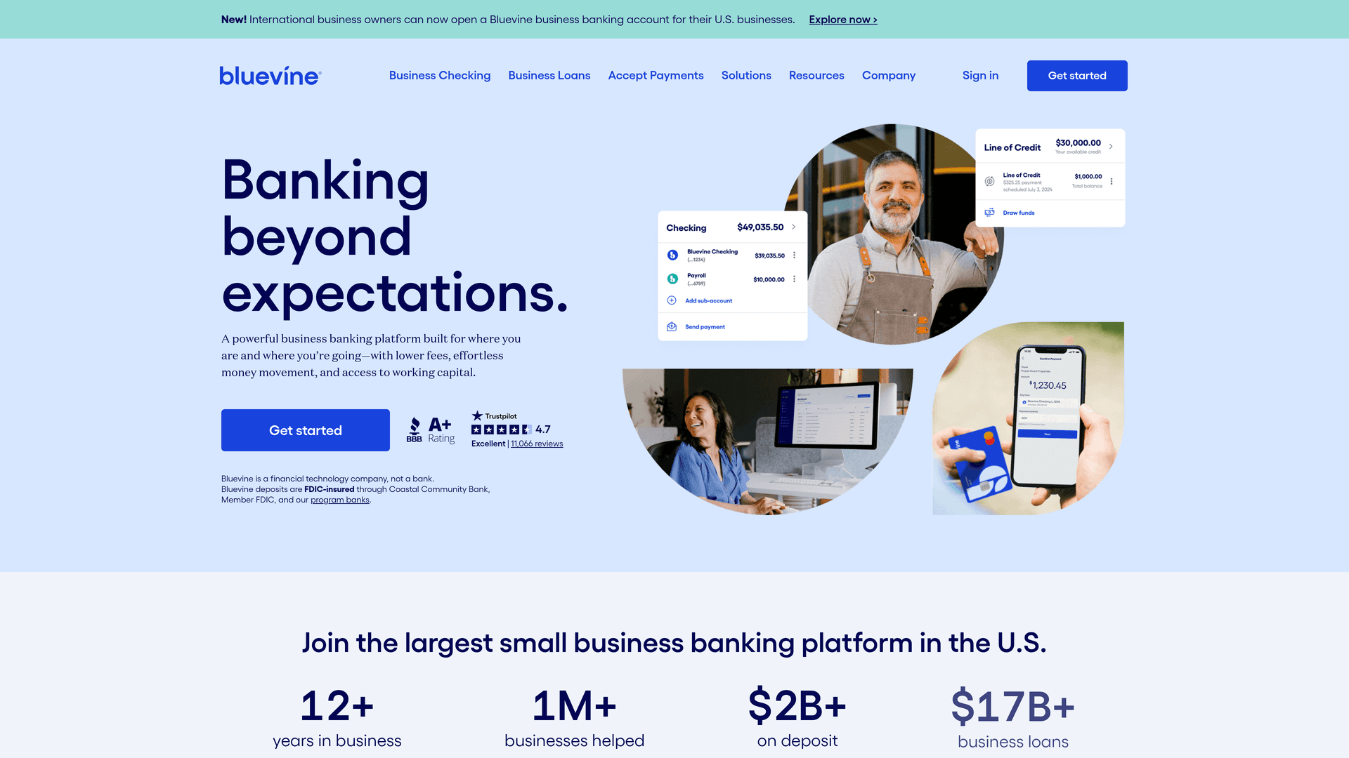 Bluevine interface — Up to 3.0% APY and $250K Revolving Credit