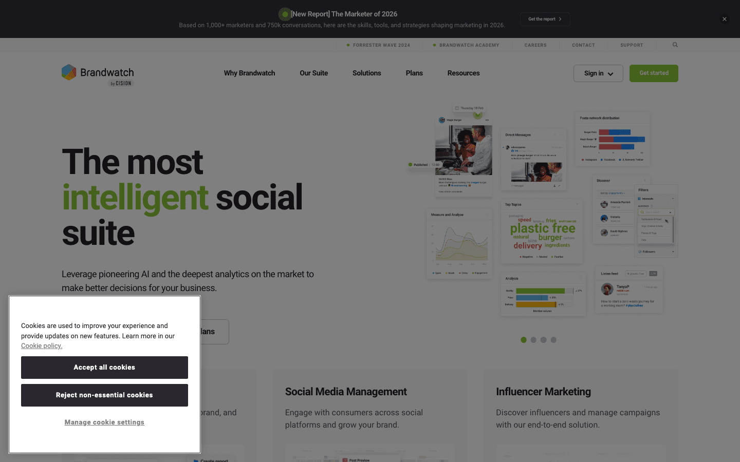 Brandwatch interface showing competitor analysis dashboard and insights