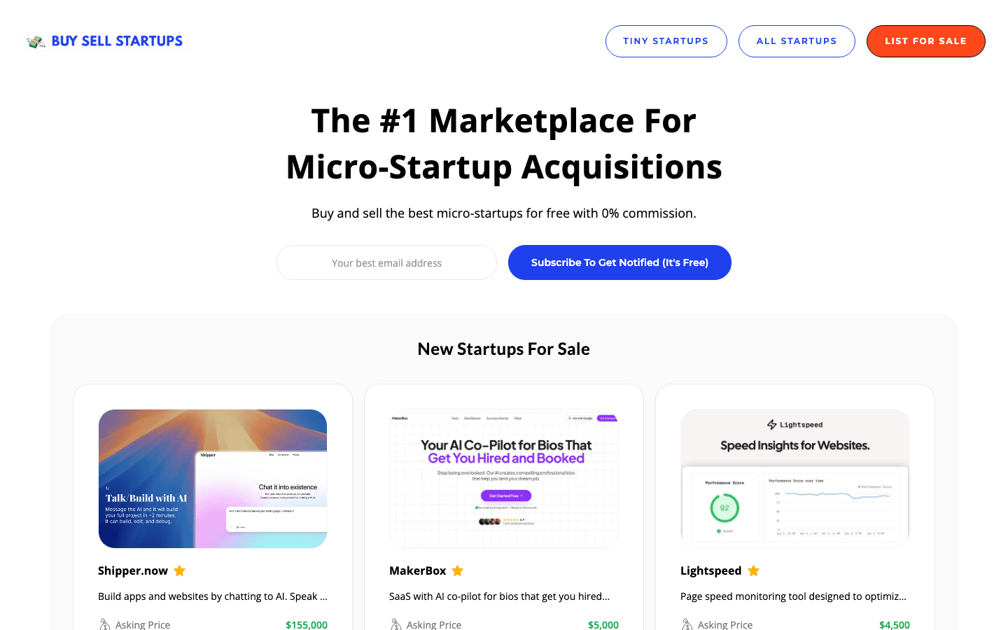 BuySellStartups homepage screenshot