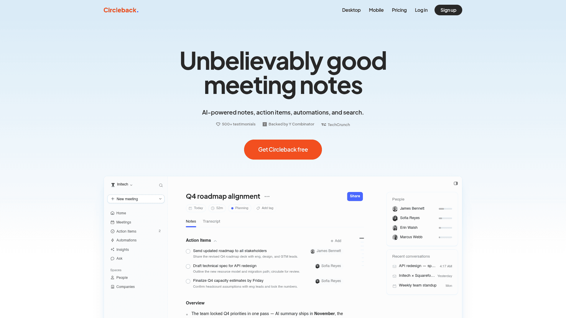 Circleback homepage — a Granola alternative for AI meeting notes