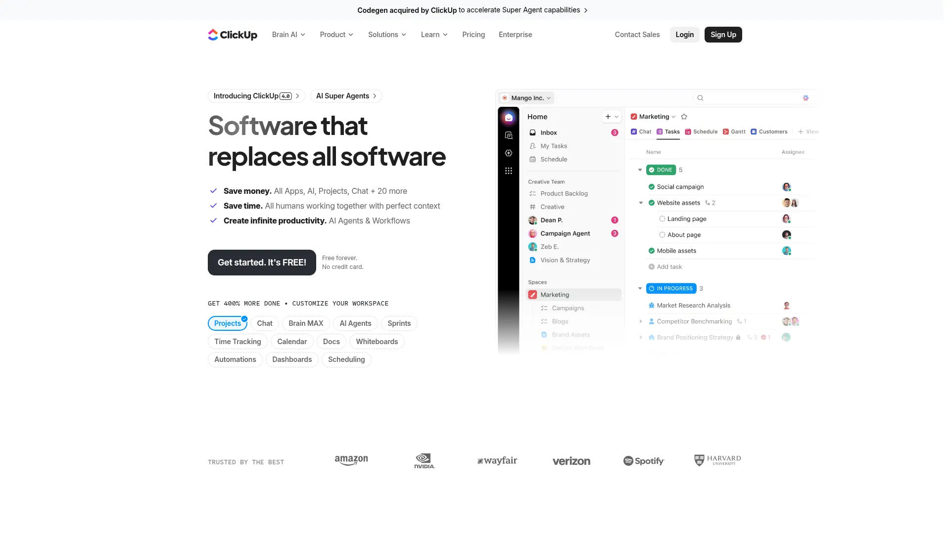 ClickUp Brain interface showing AI workflow management for internal operations