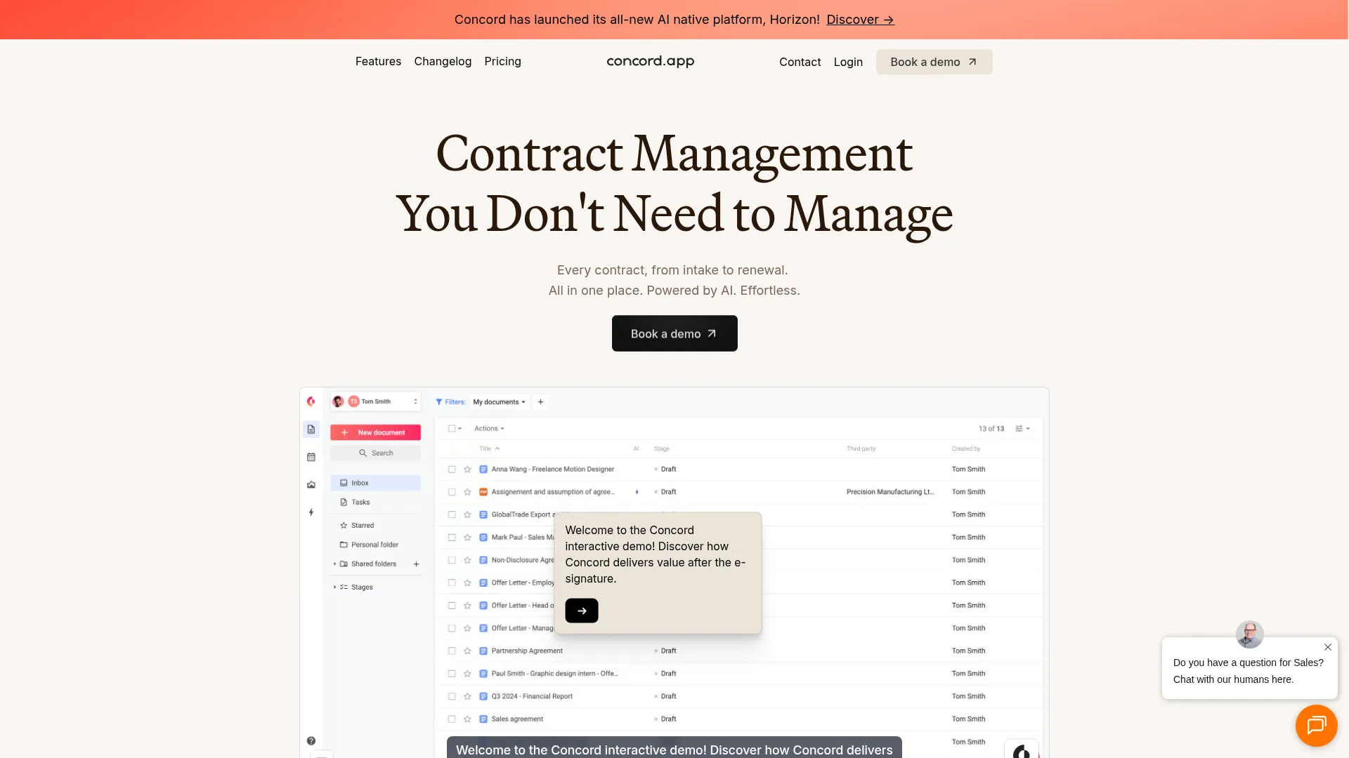 Concord interface showing contract workflow automation features