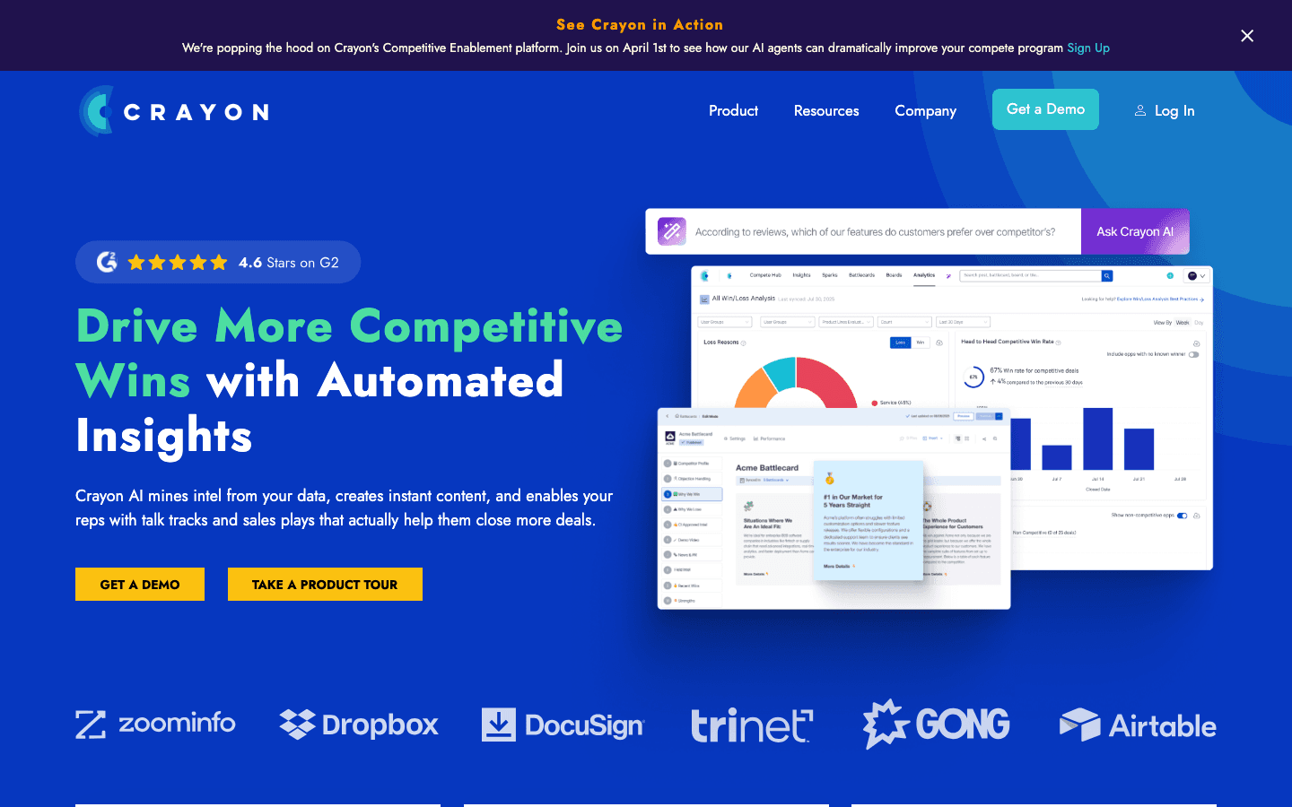 Crayon interface showing competitor analysis dashboard and insights
