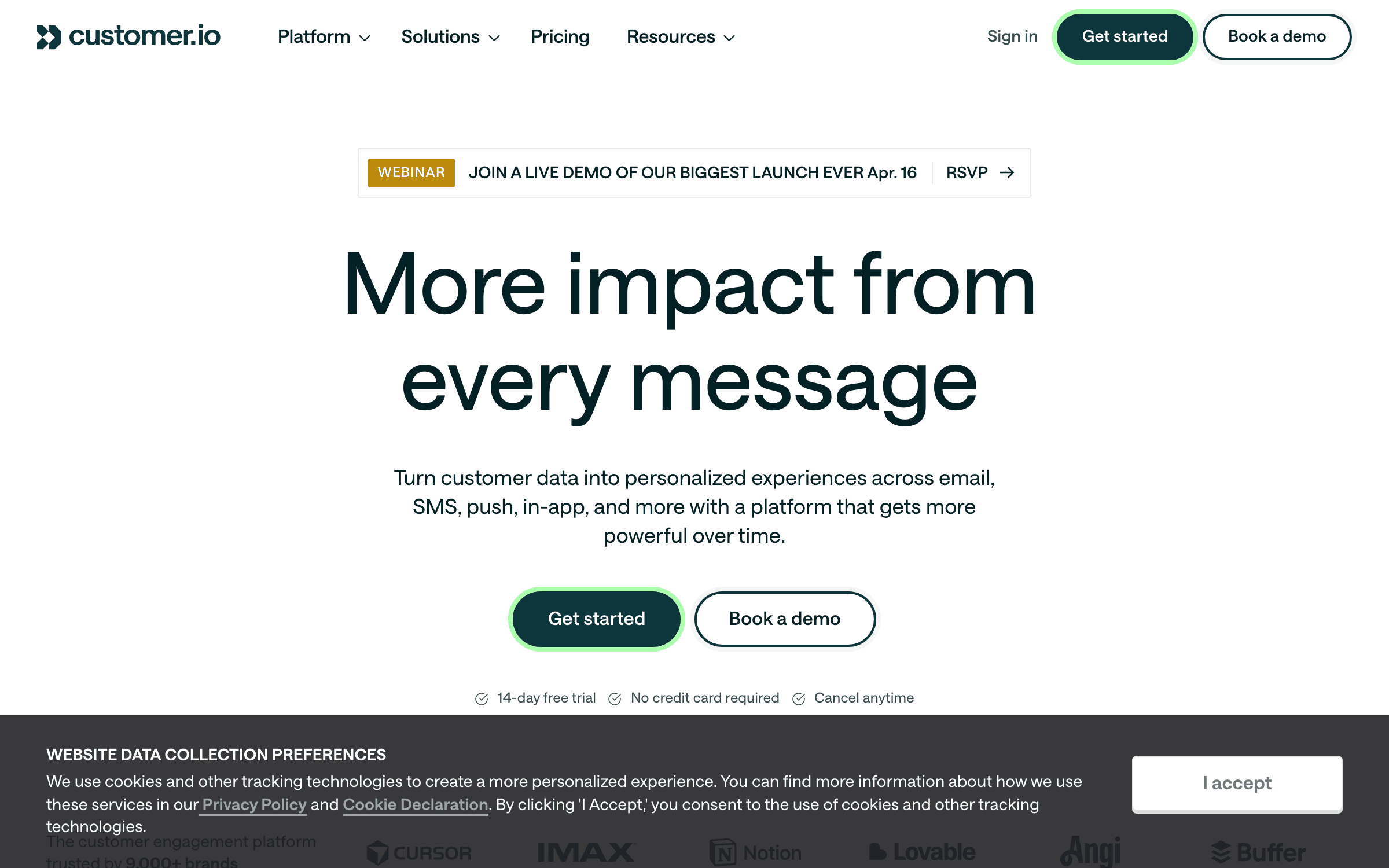 Customer.io interface showing marketing automation features for startups