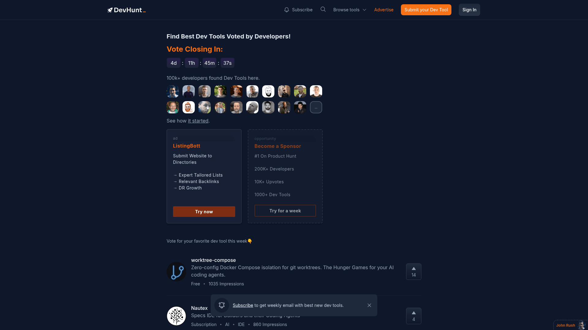 DevHunt homepage screenshot