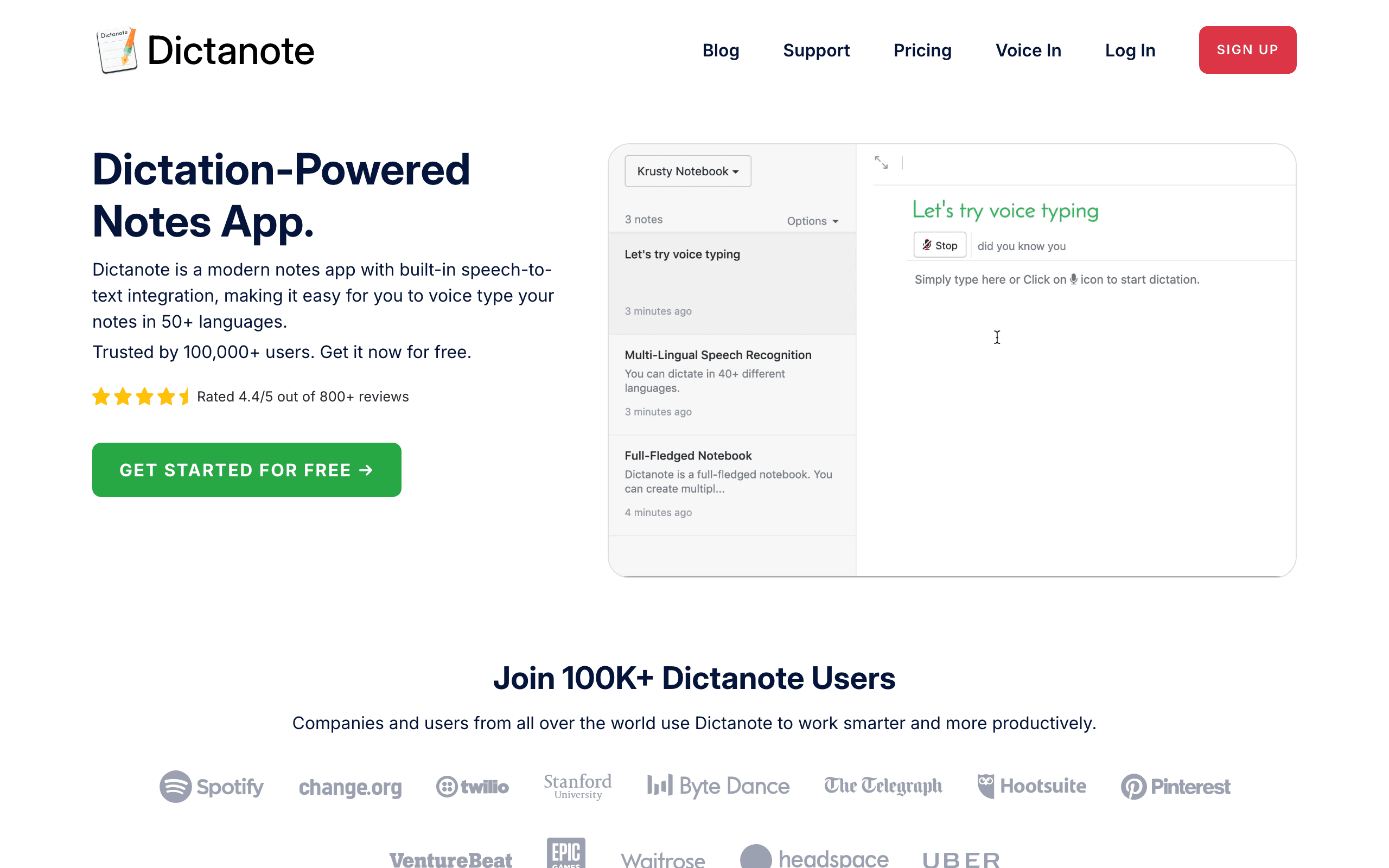 Dictanote interface showing AI voice dictation and transcription