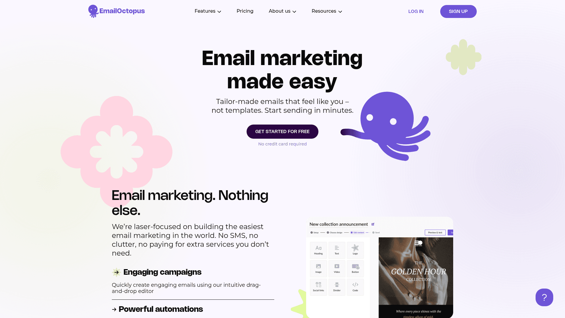 EmailOctopus interface — 2,500 Free Subscribers, Pro from $9/mo
