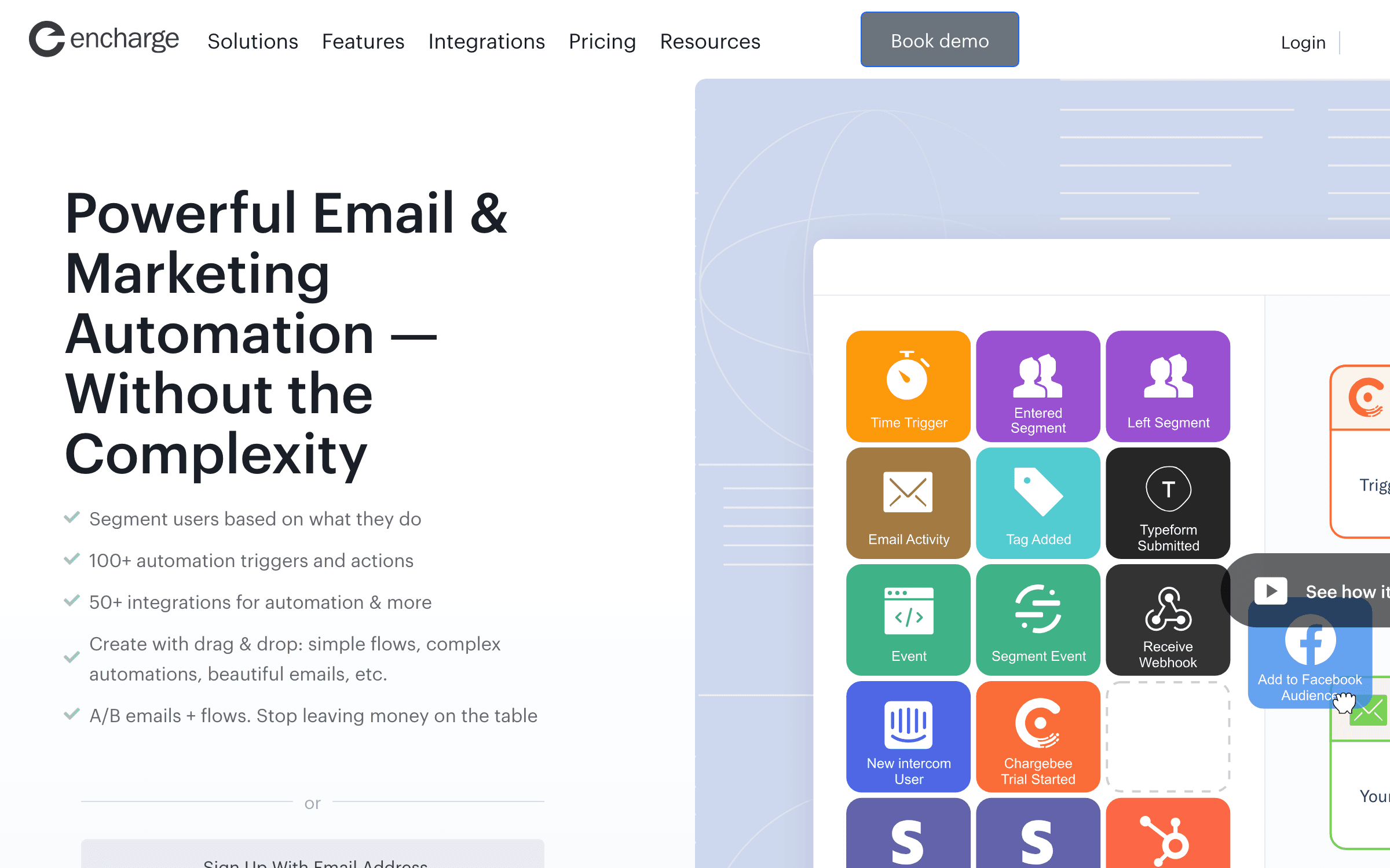 Encharge interface showing marketing automation features for startups