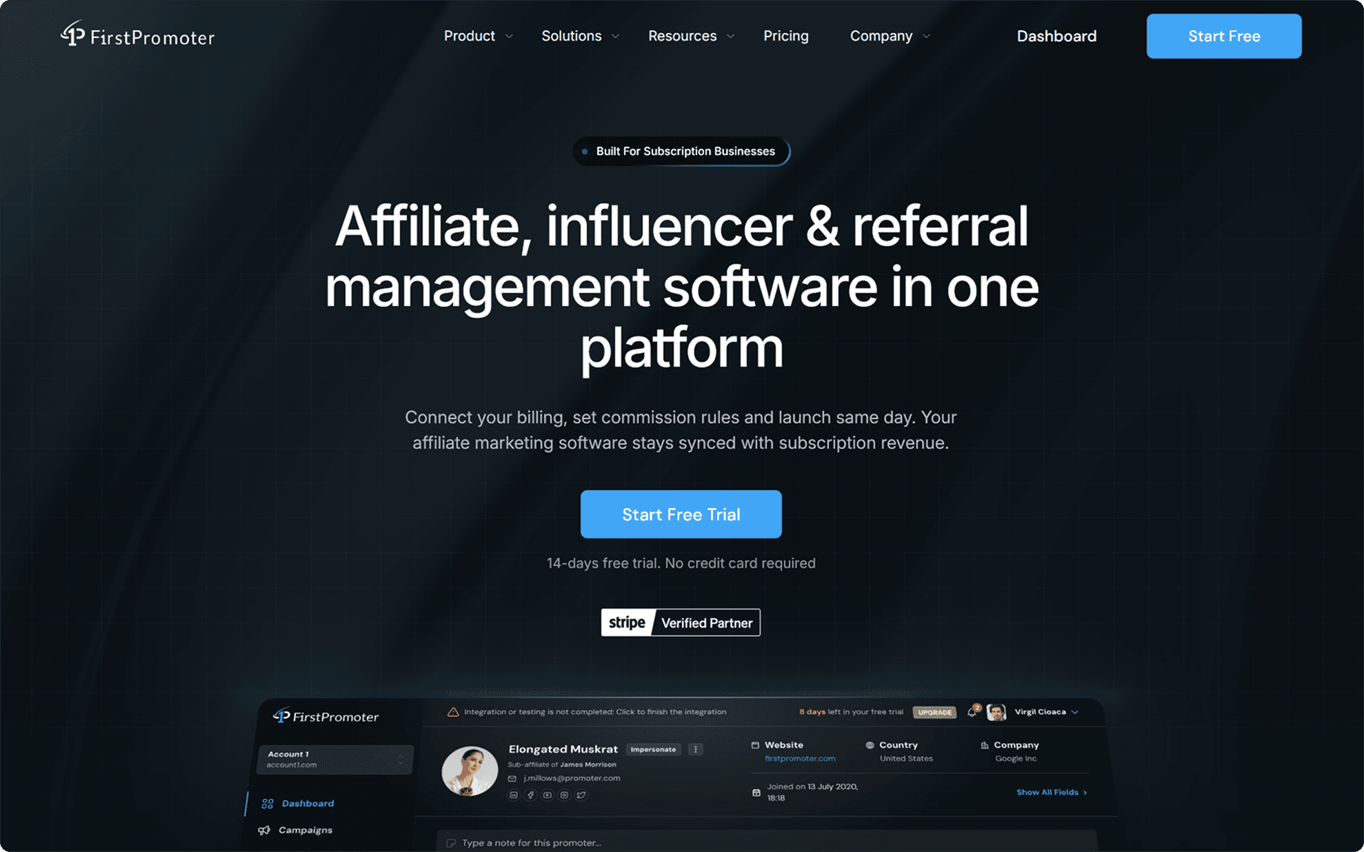 FirstPromoter interface showing SaaS affiliate program management and commission tracking