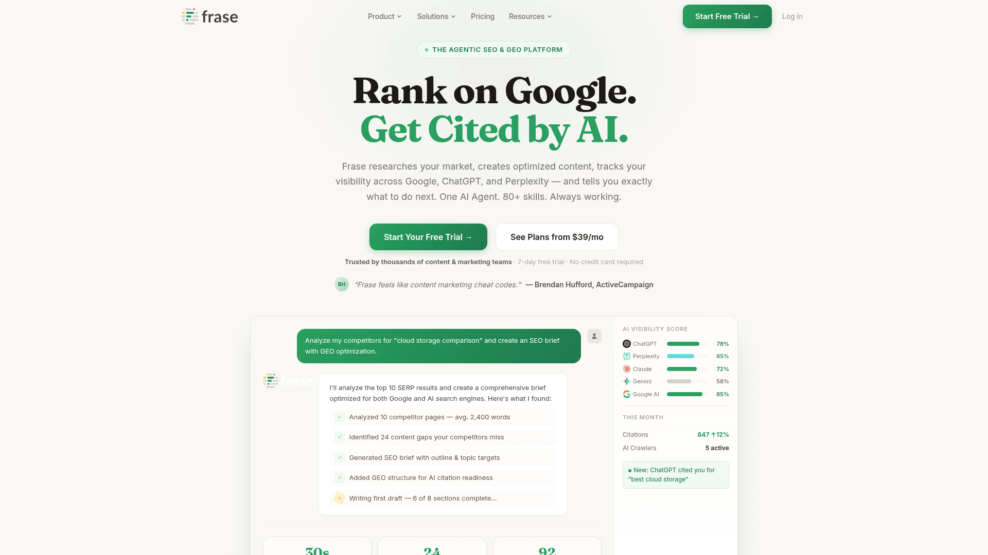 Frase interface showing AI SEO content workflow and optimization features