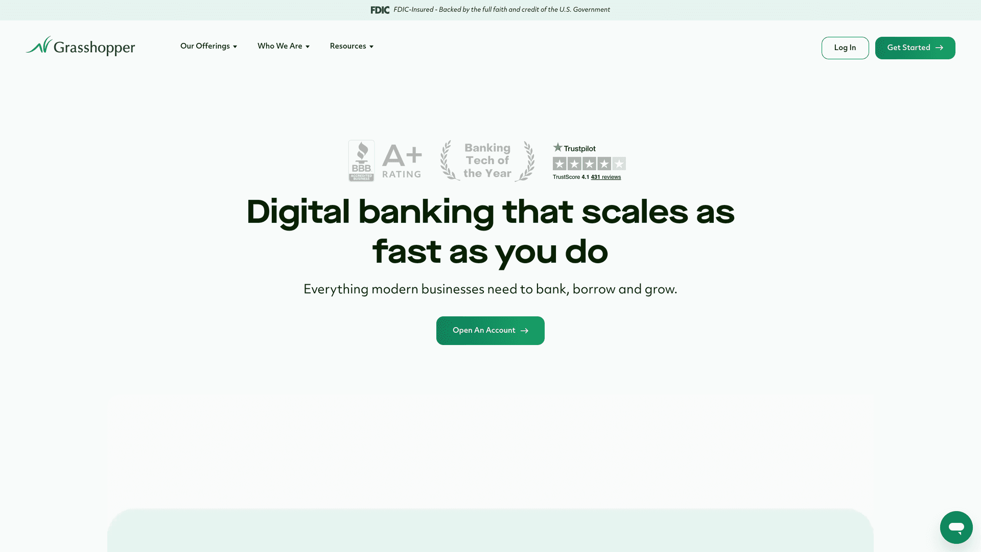 Grasshopper Bank interface — No Middleware, 1.35% APY + 1% Cashback, $125M ICS Sweep
