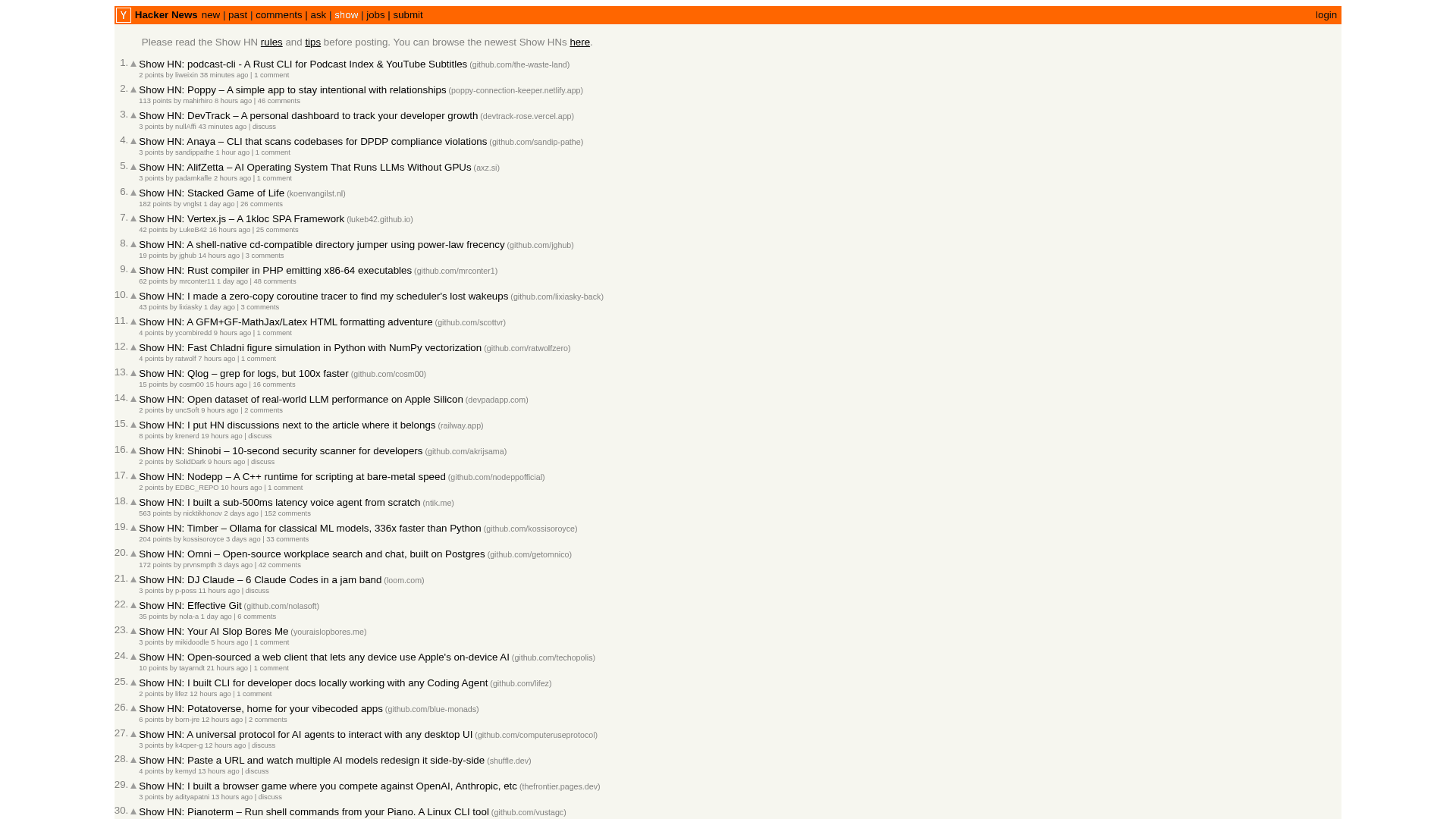 Hacker News (Show HN) homepage screenshot