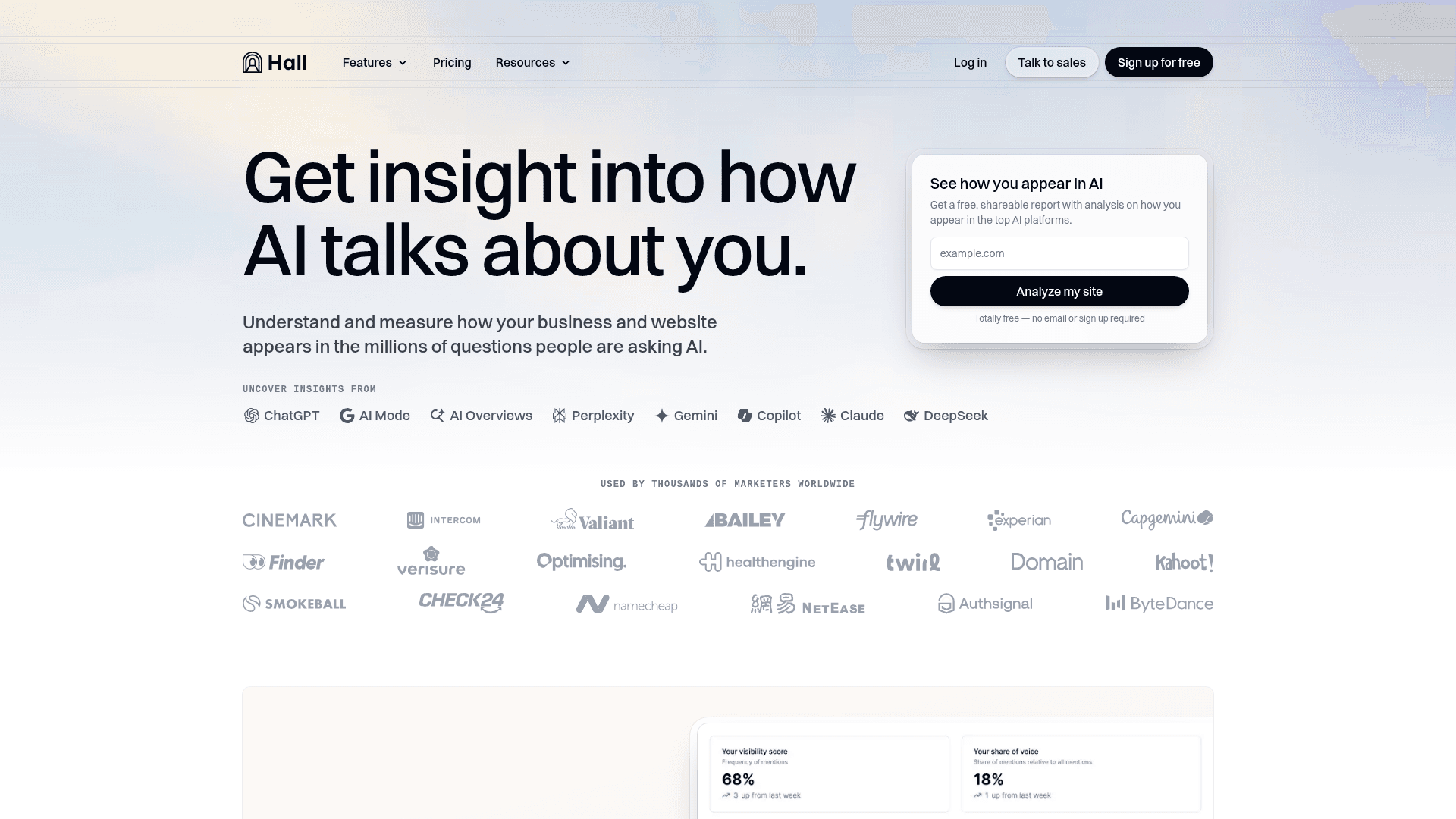 Hall interface — Best Free Tier + Best Agent Analytics