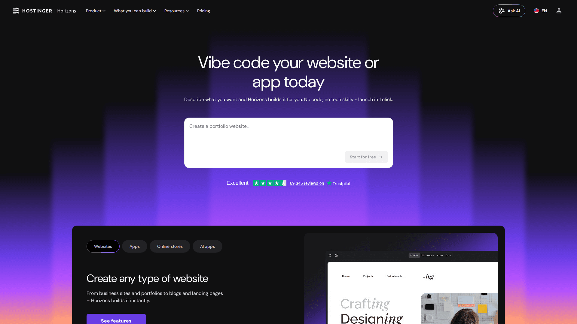 Hostinger Horizons AI website builder interface