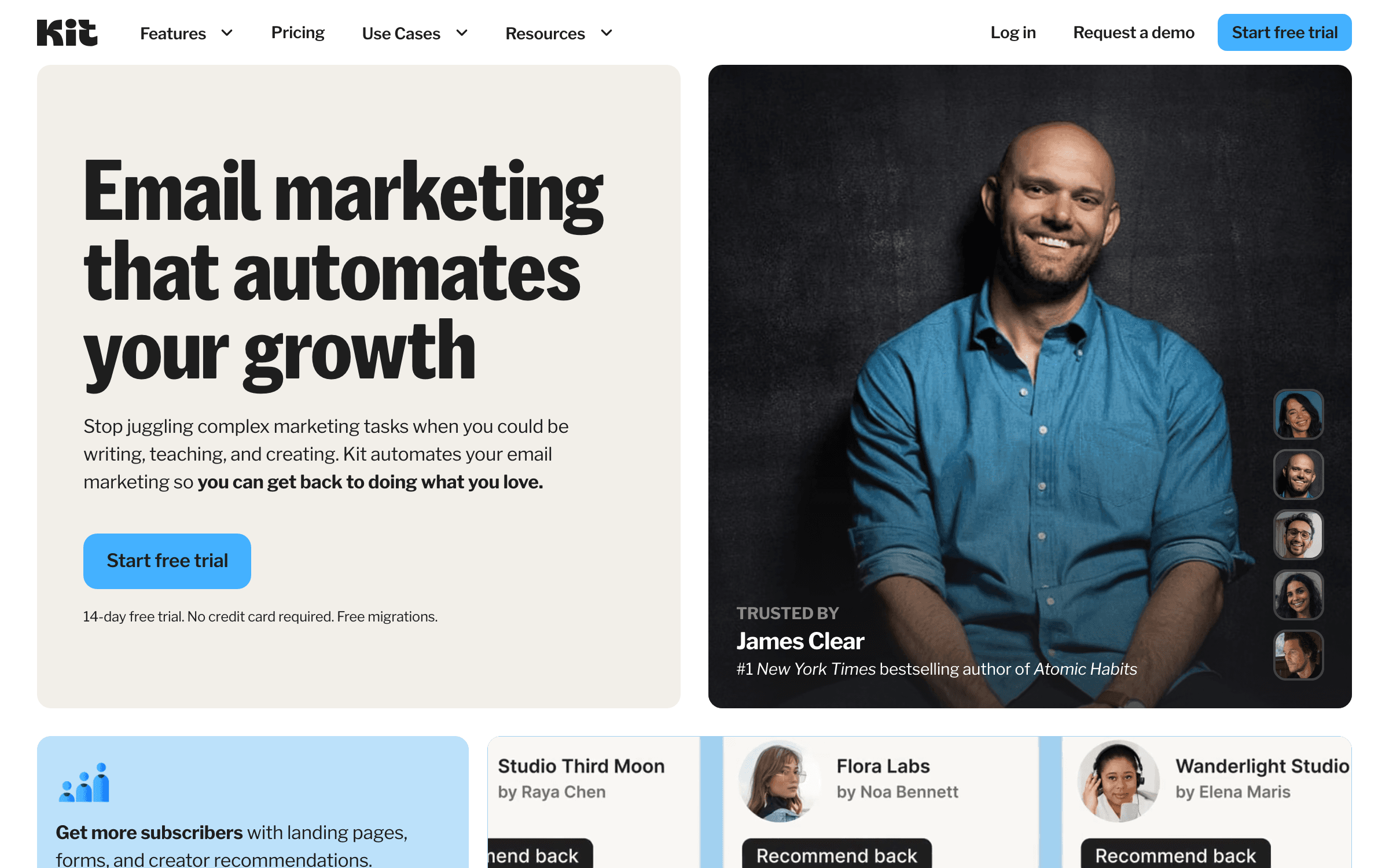 Kit interface showing marketing automation features for startups