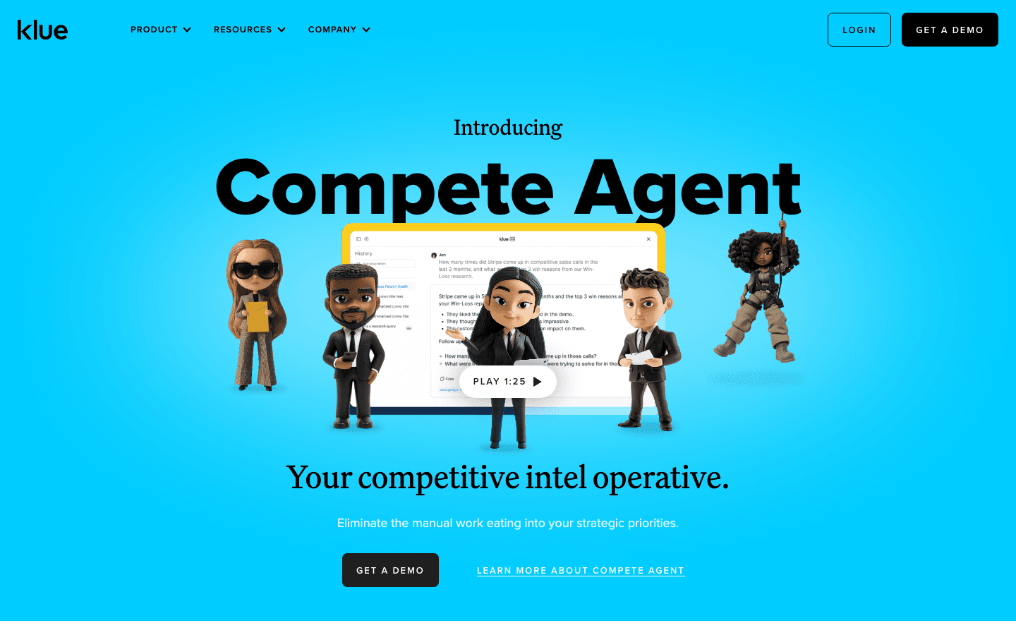 Klue interface showing competitor analysis dashboard and insights