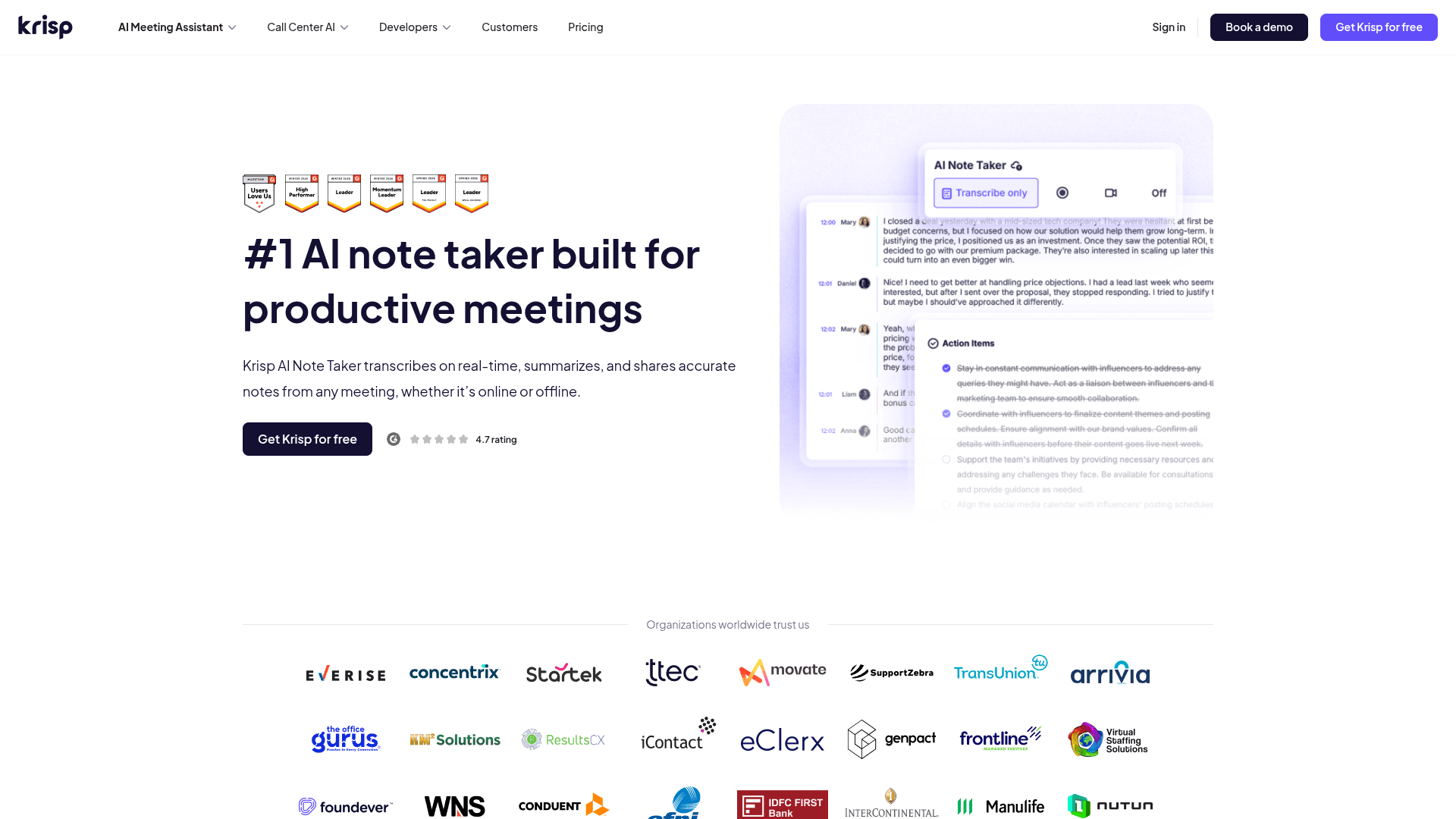 Krisp homepage — a Granola alternative for AI meeting notes
