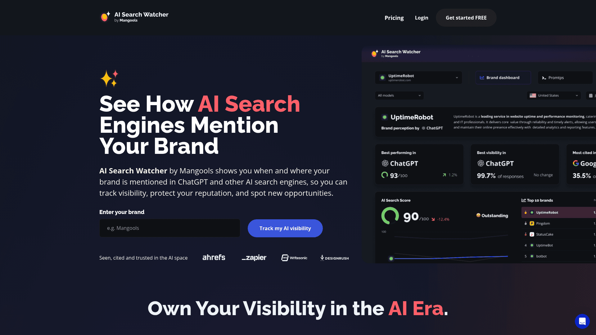 Mangools AI Search Watcher interface showing AI brand mention tracking and visibility analytics