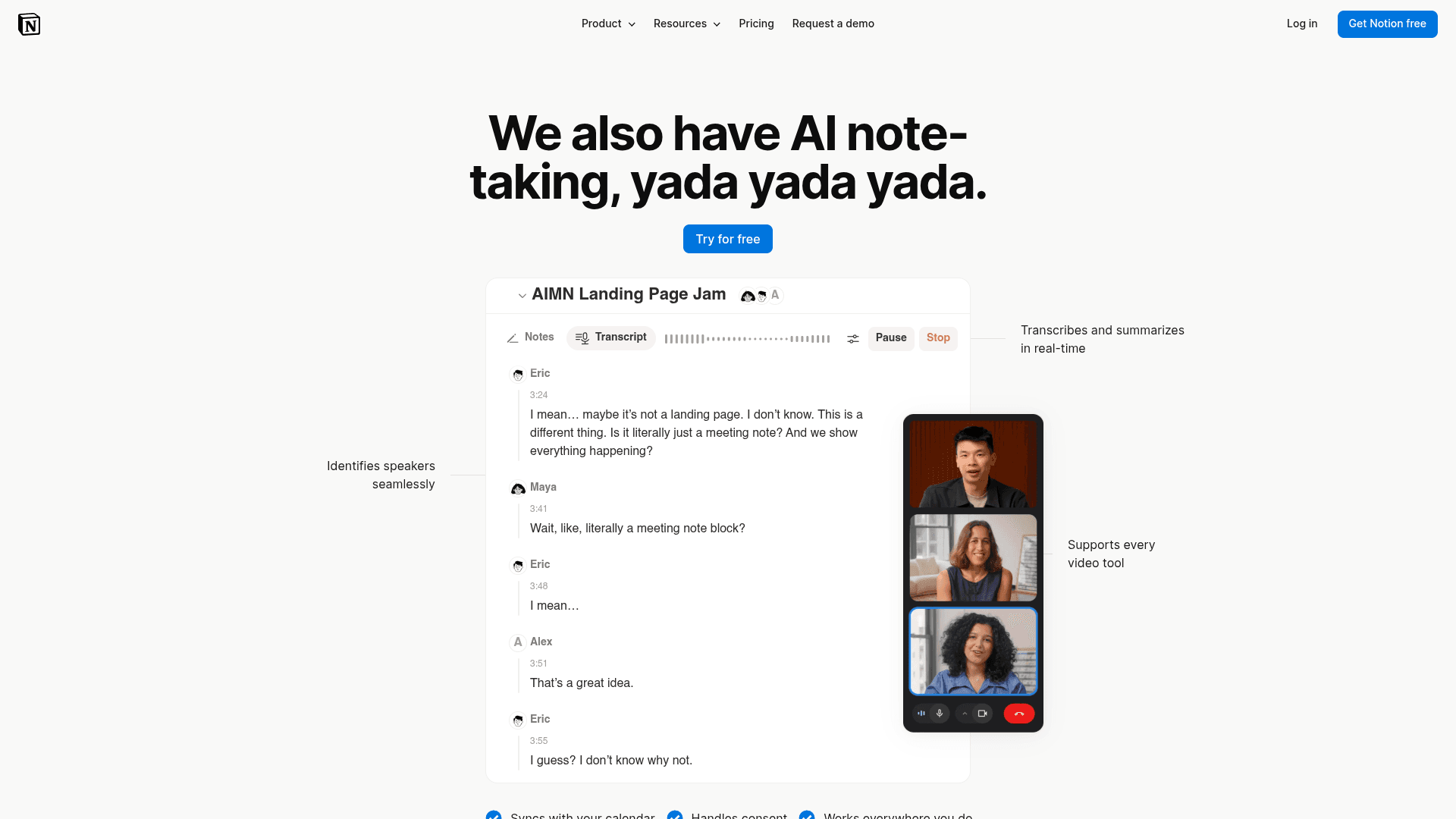 Notion AI Meeting Notes homepage — a Granola alternative for AI meeting notes