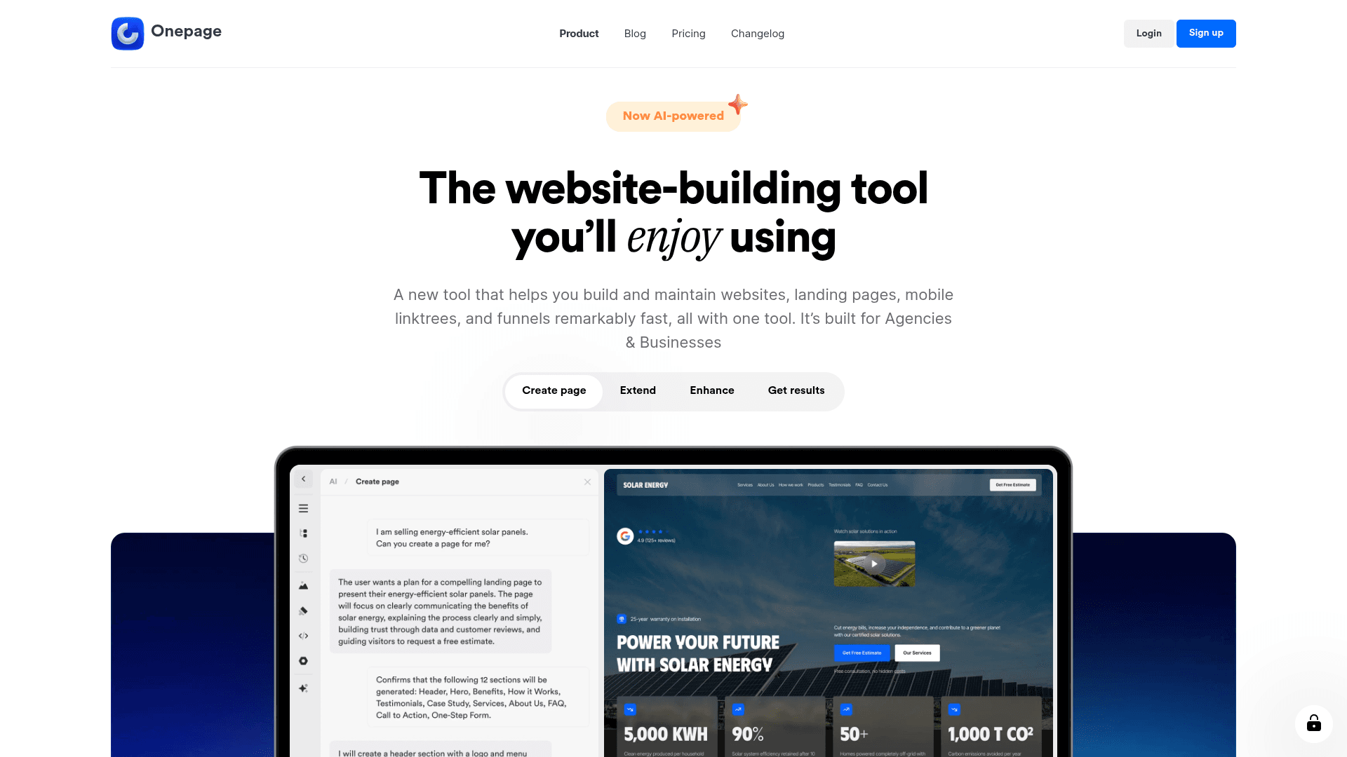 Onepage homepage showing its AI page creation interface generating a landing page from a prompt