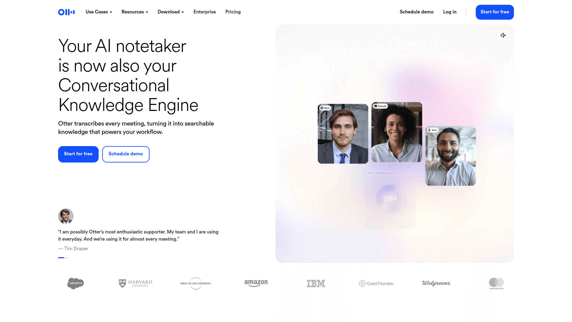 Otter.ai homepage — a Granola alternative for AI meeting notes