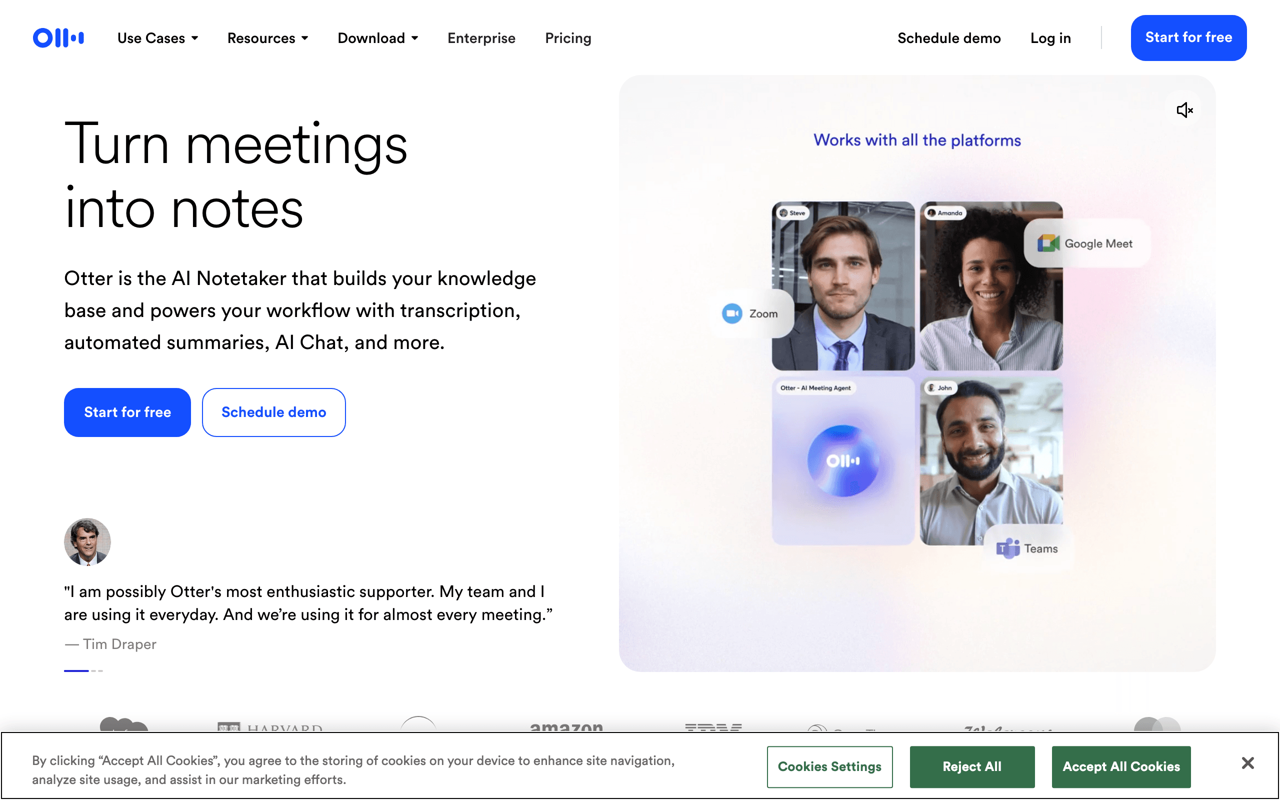 Otter.ai interface showing AI voice dictation and transcription