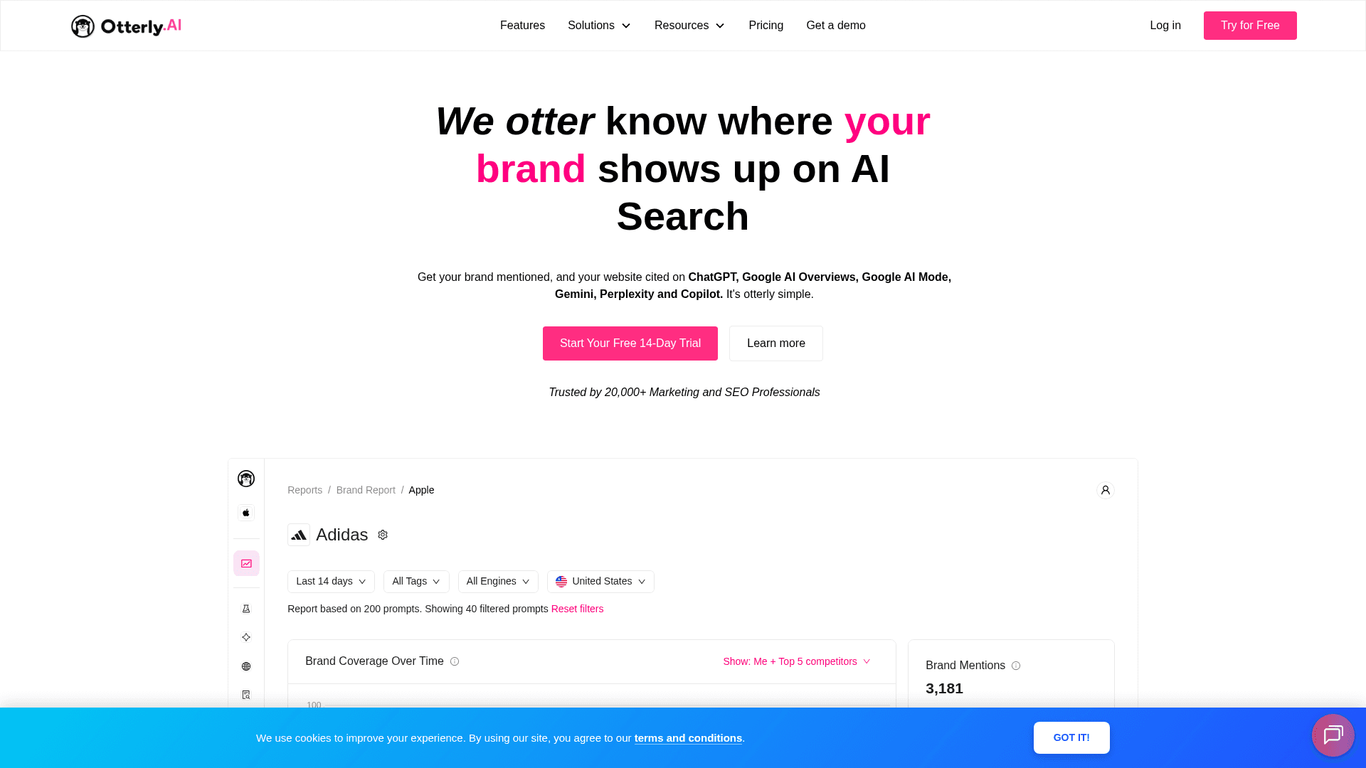 Otterly AI interface showing AI brand mention tracking and visibility analytics