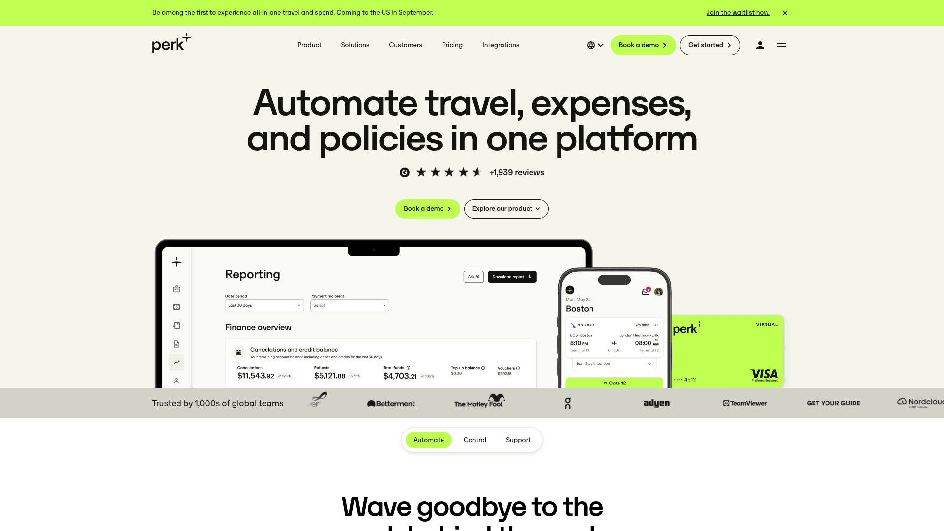 Perk (formerly TravelPerk) interface — Published Pricing, Southwest Inventory, Cancel-Anything Guarantee