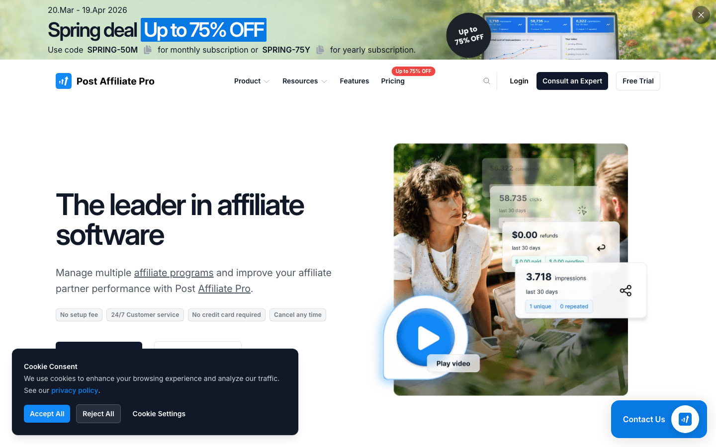 Post Affiliate Pro interface showing SaaS affiliate program management and commission tracking