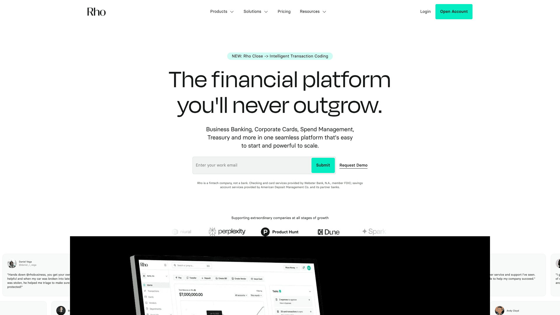 Rho interface — $0 Fees, Free Global Wires, $75M Sweep, Human Support