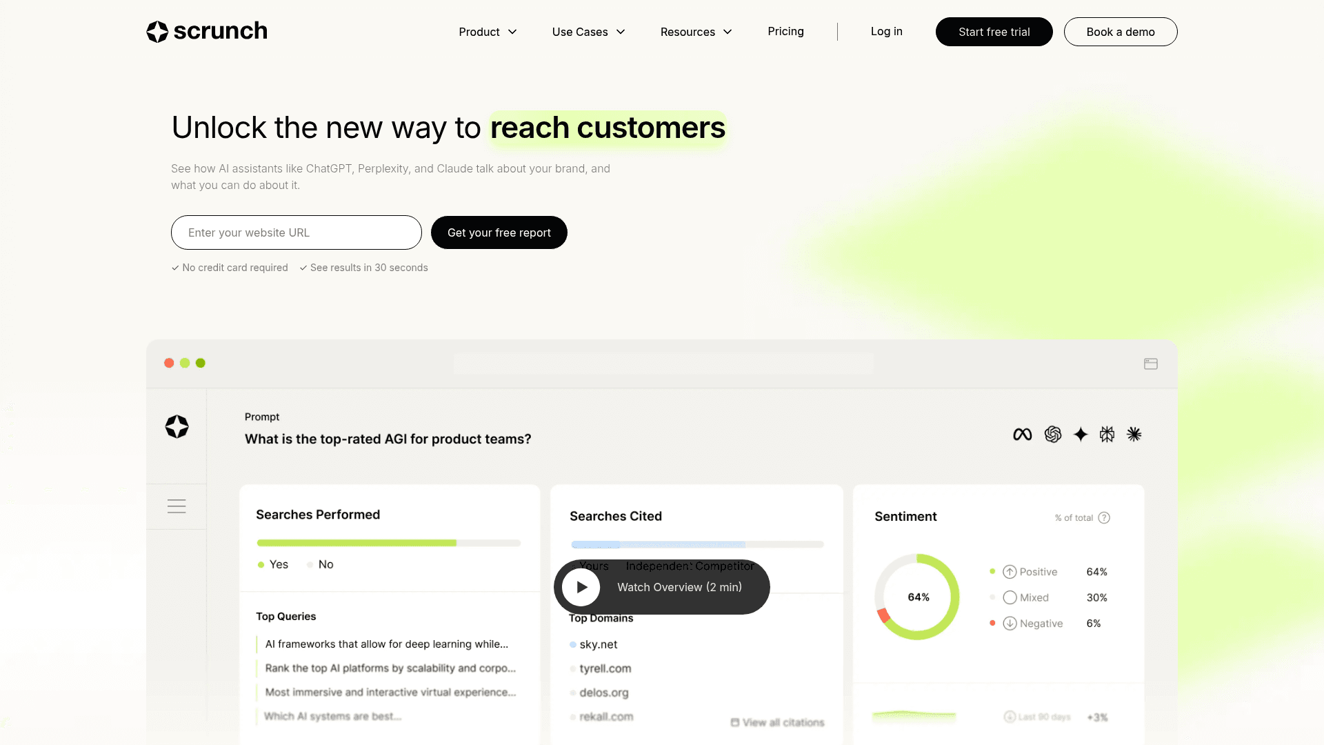 Scrunch AI interface showing AI brand mention tracking and visibility analytics