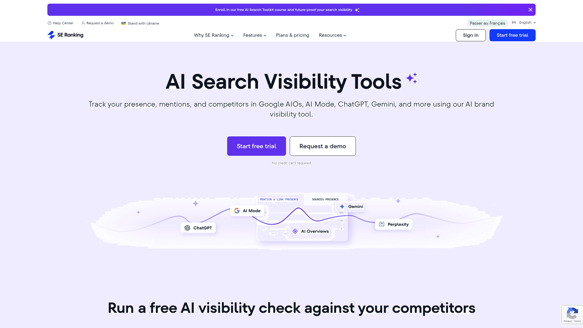 SE Ranking AI Visibility interface showing AI brand mention tracking and visibility analytics