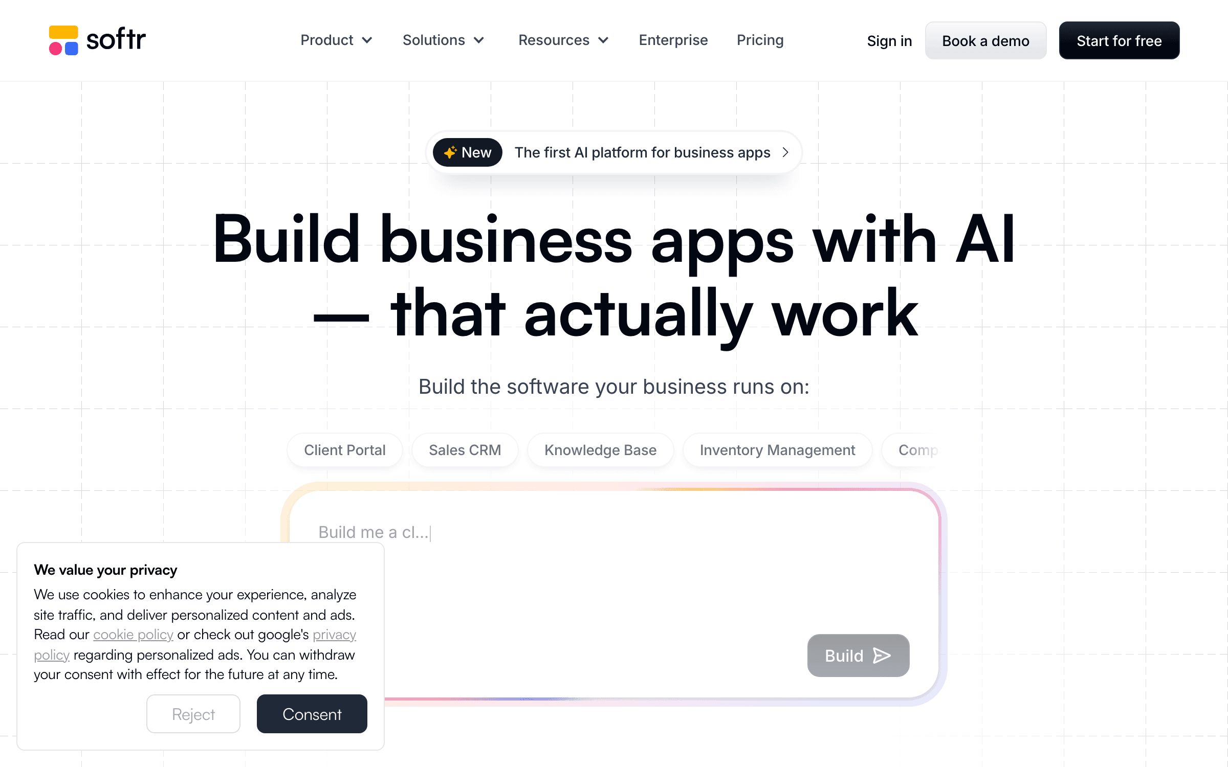 Softr interface for AI-powered SaaS landing page creation