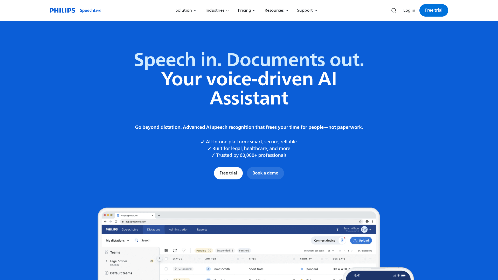Philips SpeechLive interface for legal dictation and voice-to-text