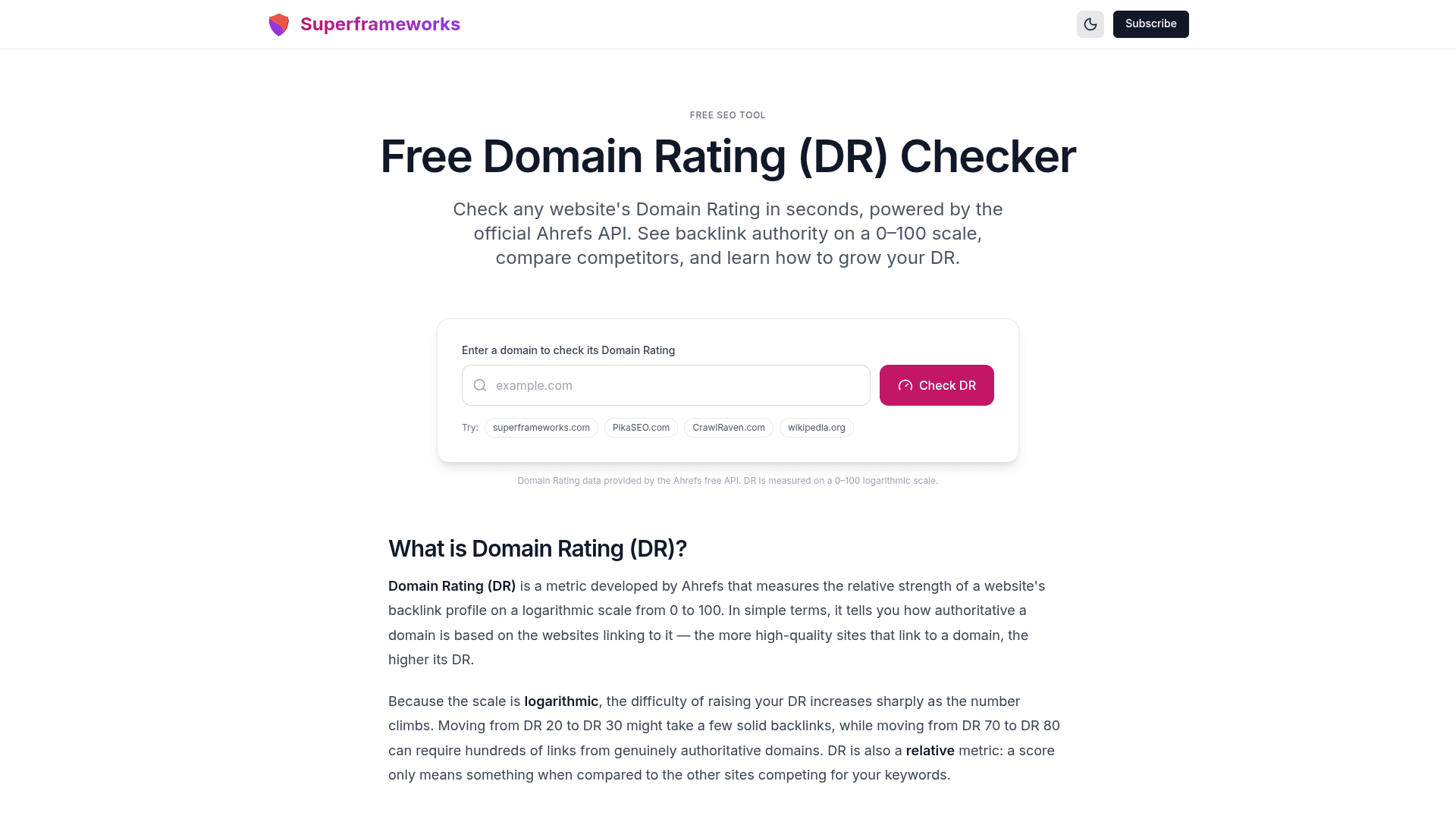 Superframeworks Domain Rating Checker homepage
