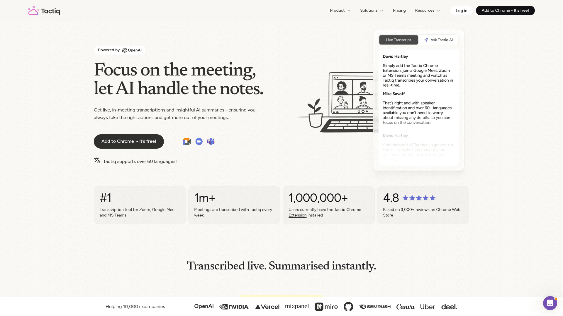 Tactiq homepage — a bot-free AI note taker