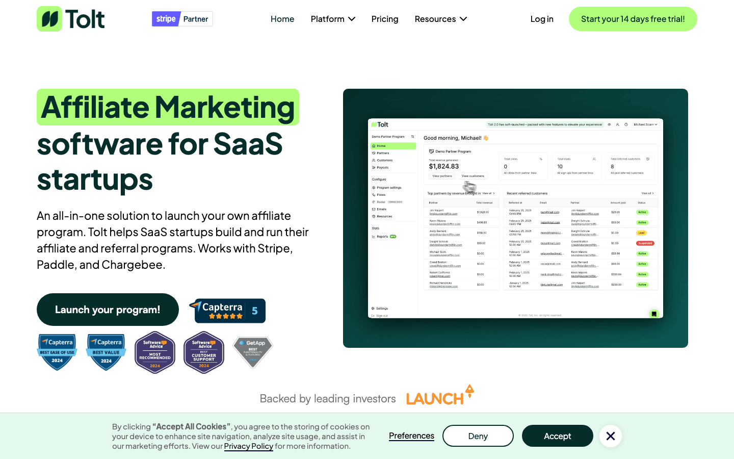 Tolt interface showing SaaS affiliate program management and commission tracking