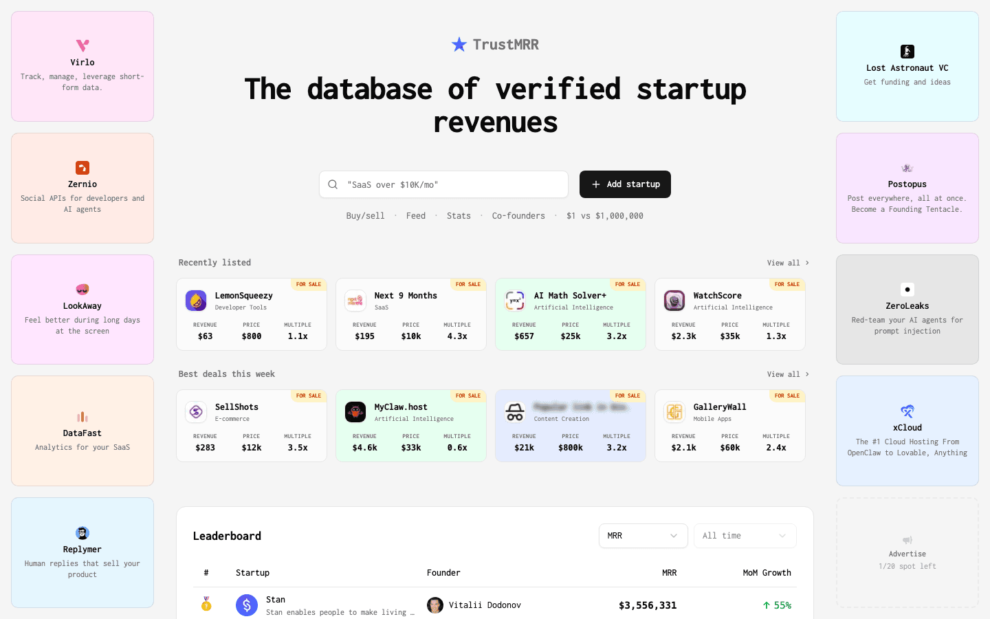 TrustMRR homepage screenshot