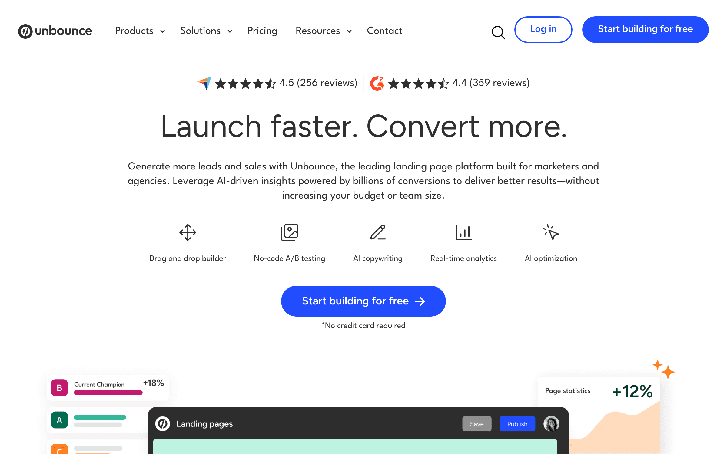 Unbounce Smart Builder interface for AI-powered SaaS landing page creation