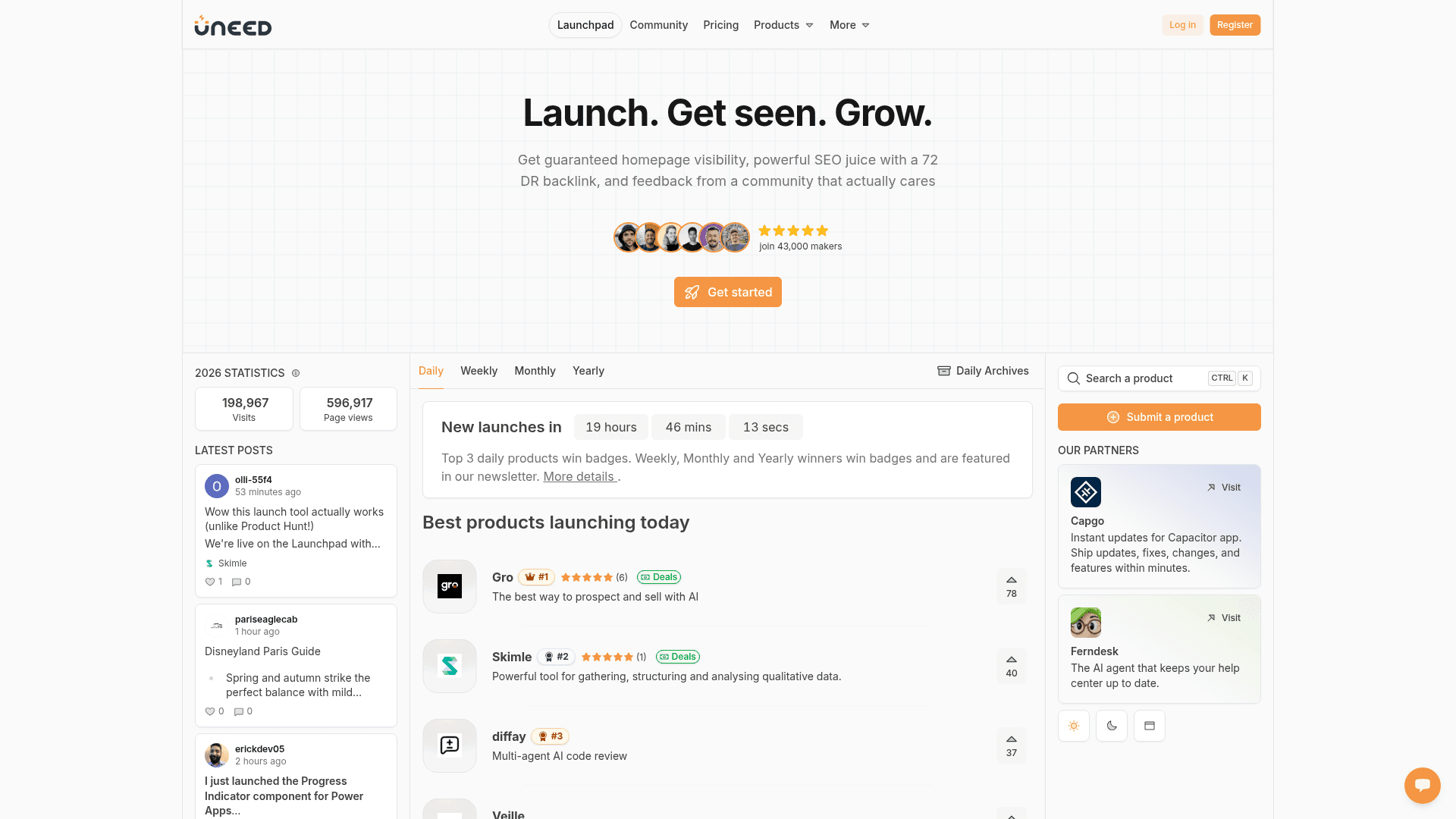 Uneed homepage screenshot