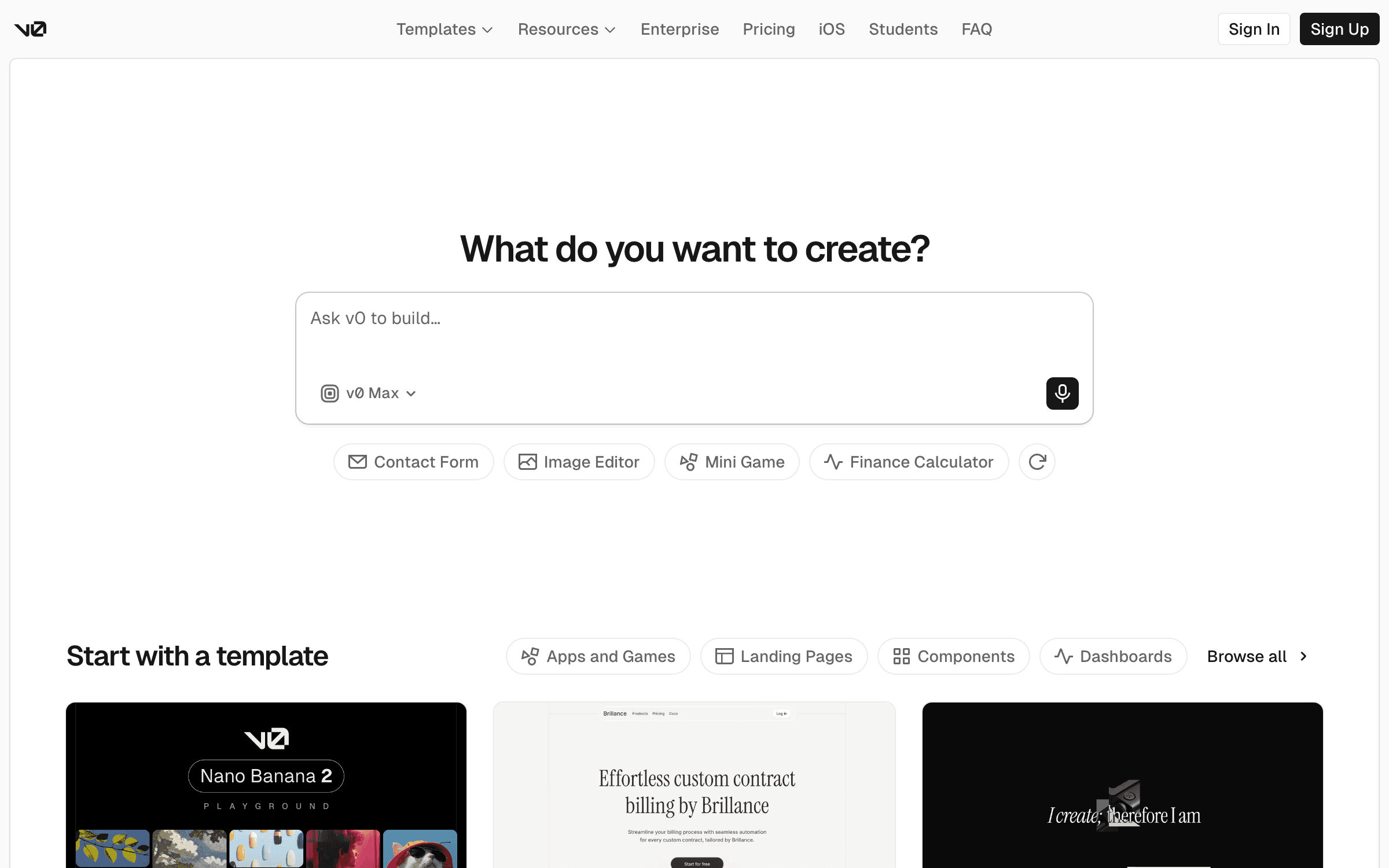 v0 by Vercel interface for AI-powered SaaS landing page creation