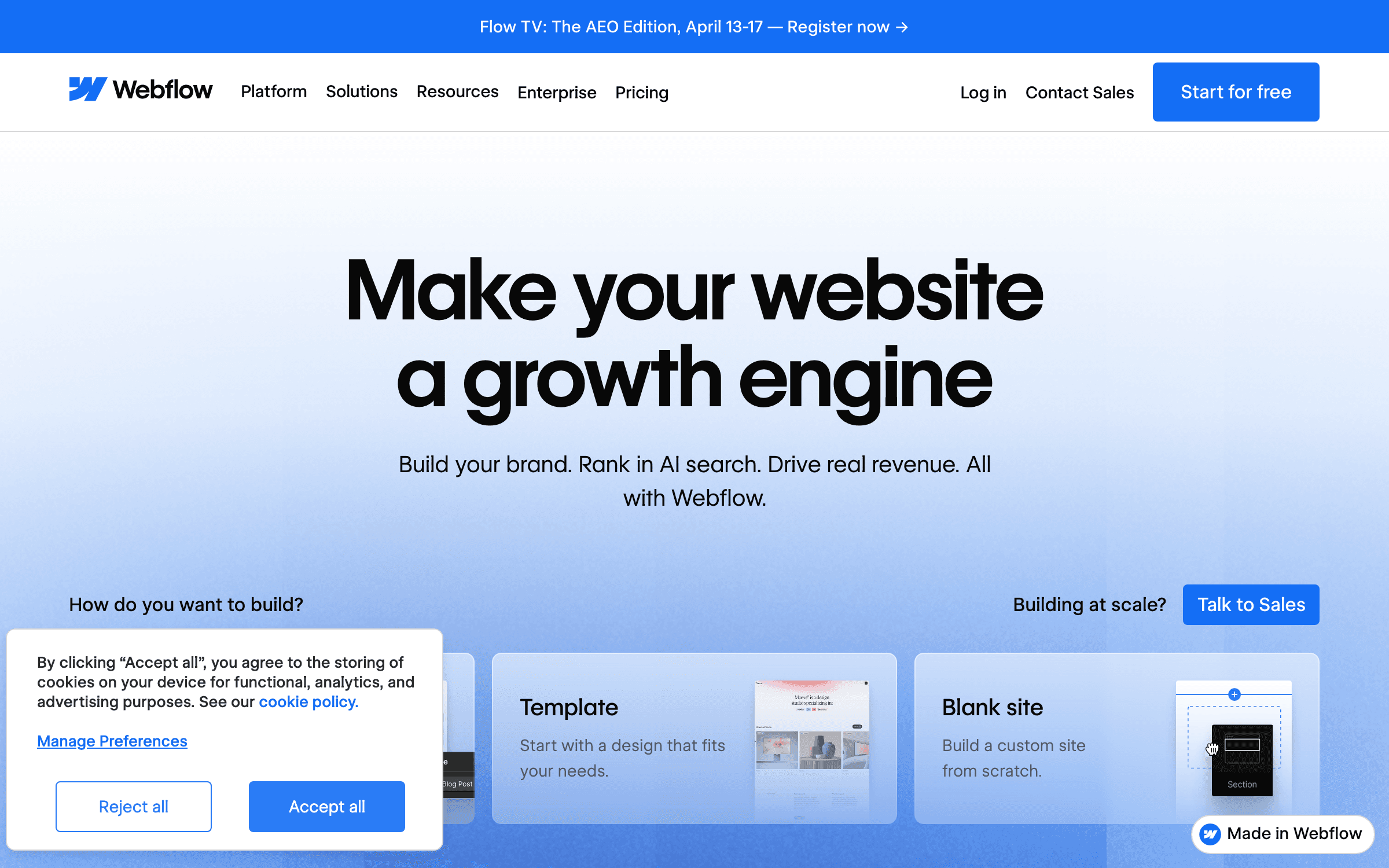 Webflow interface for AI-powered SaaS landing page creation