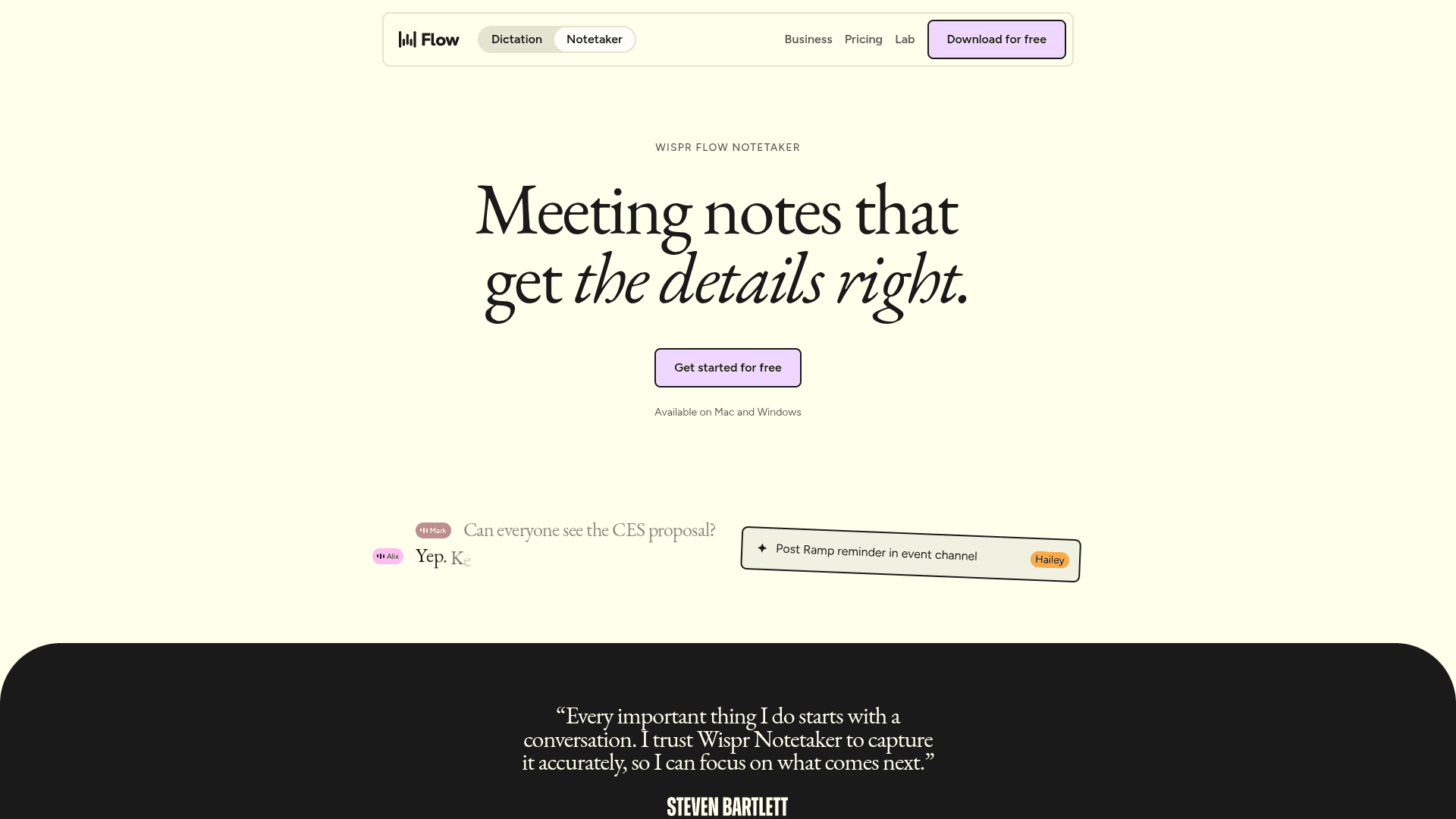 Wispr Notetaker homepage — a Granola alternative for AI meeting notes