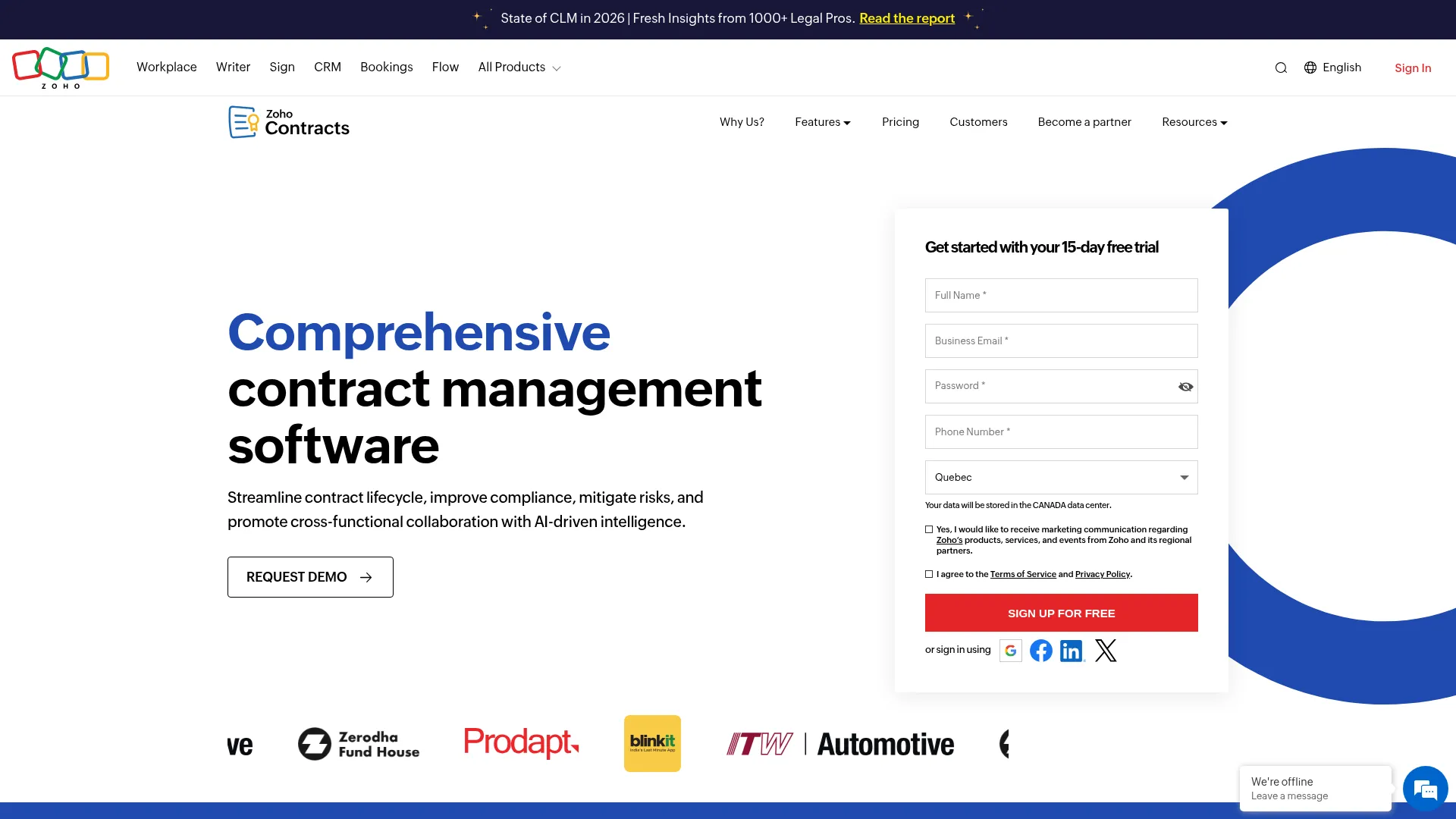 Zoho Contracts interface showing contract workflow automation features