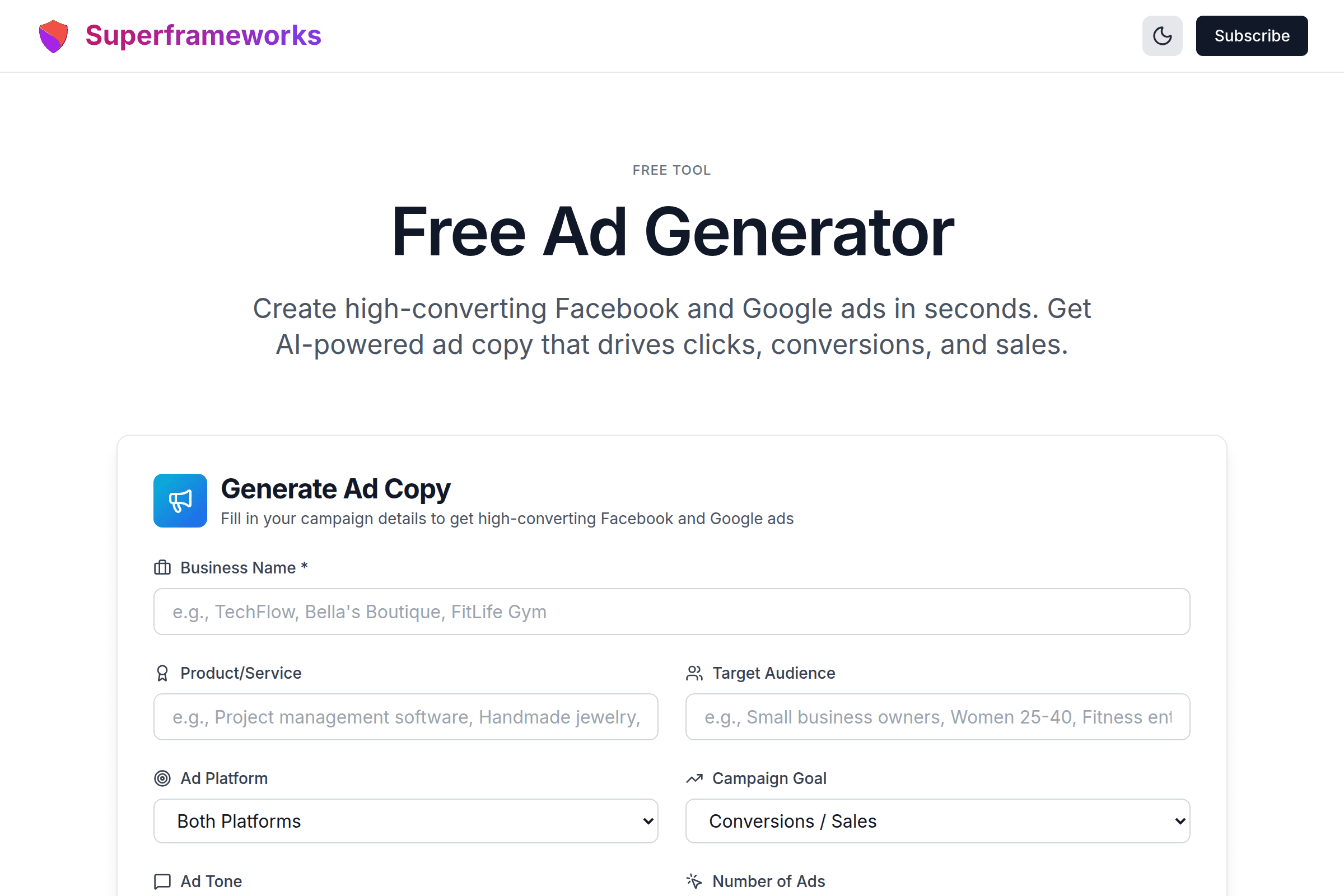 Ad Generator interface preview on Superframeworks