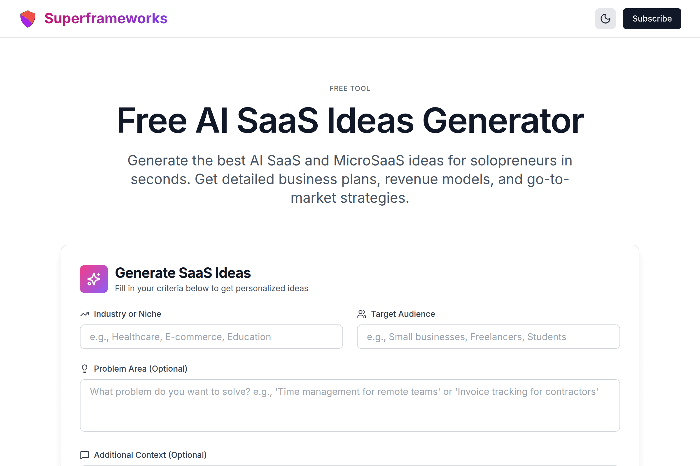 AI SaaS Ideas Generator interface preview on Superframeworks